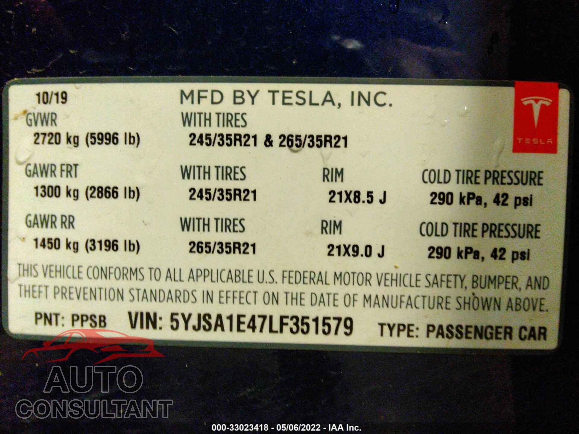 TESLA MODEL S 2020 - 5YJSA1E47LF351579