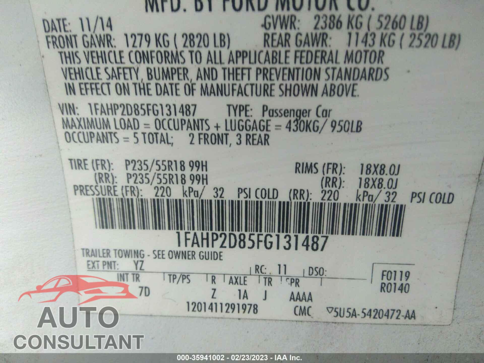 FORD TAURUS 2015 - 1FAHP2D85FG131487