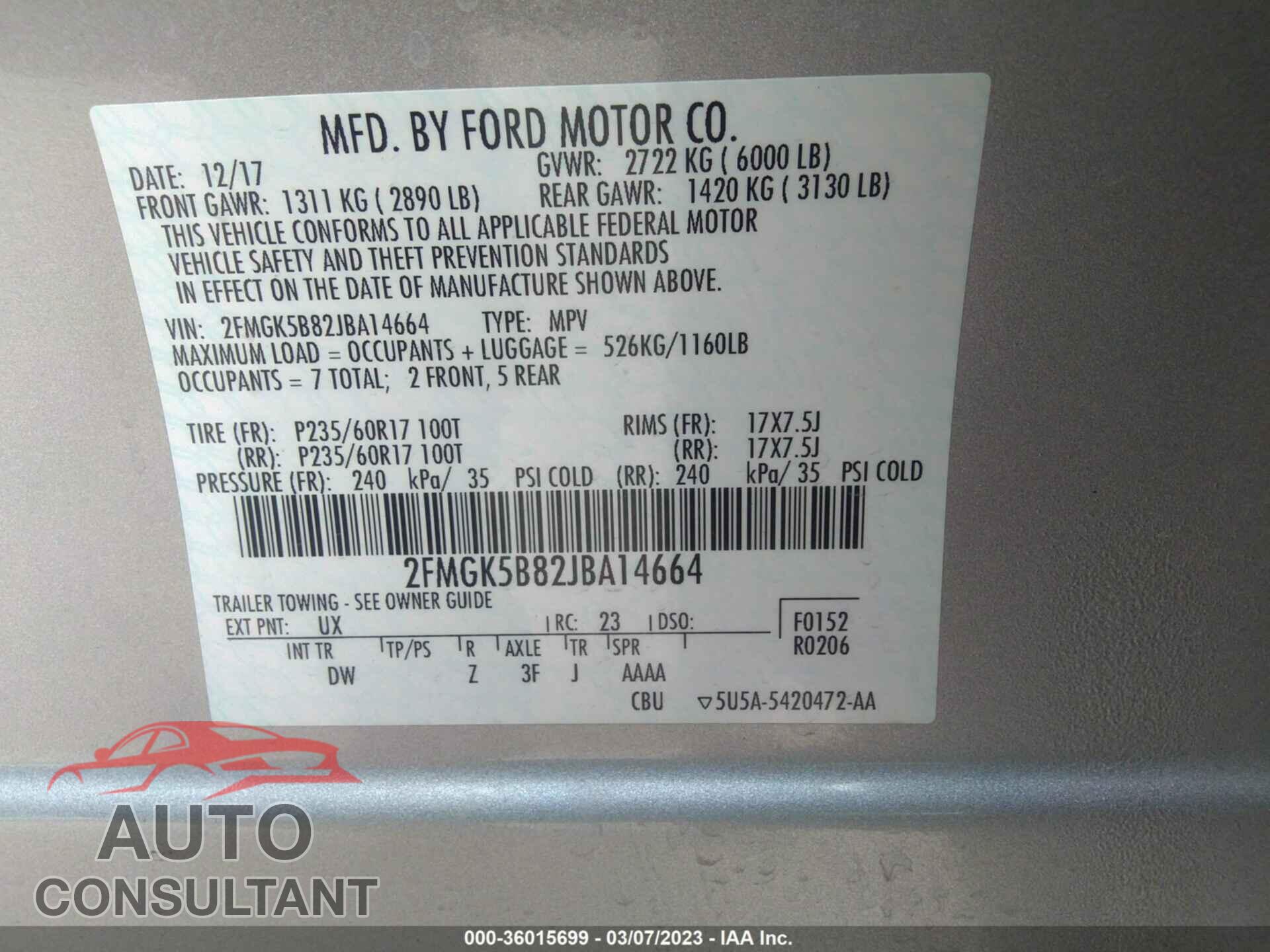 FORD FLEX 2018 - 2FMGK5B82JBA14664