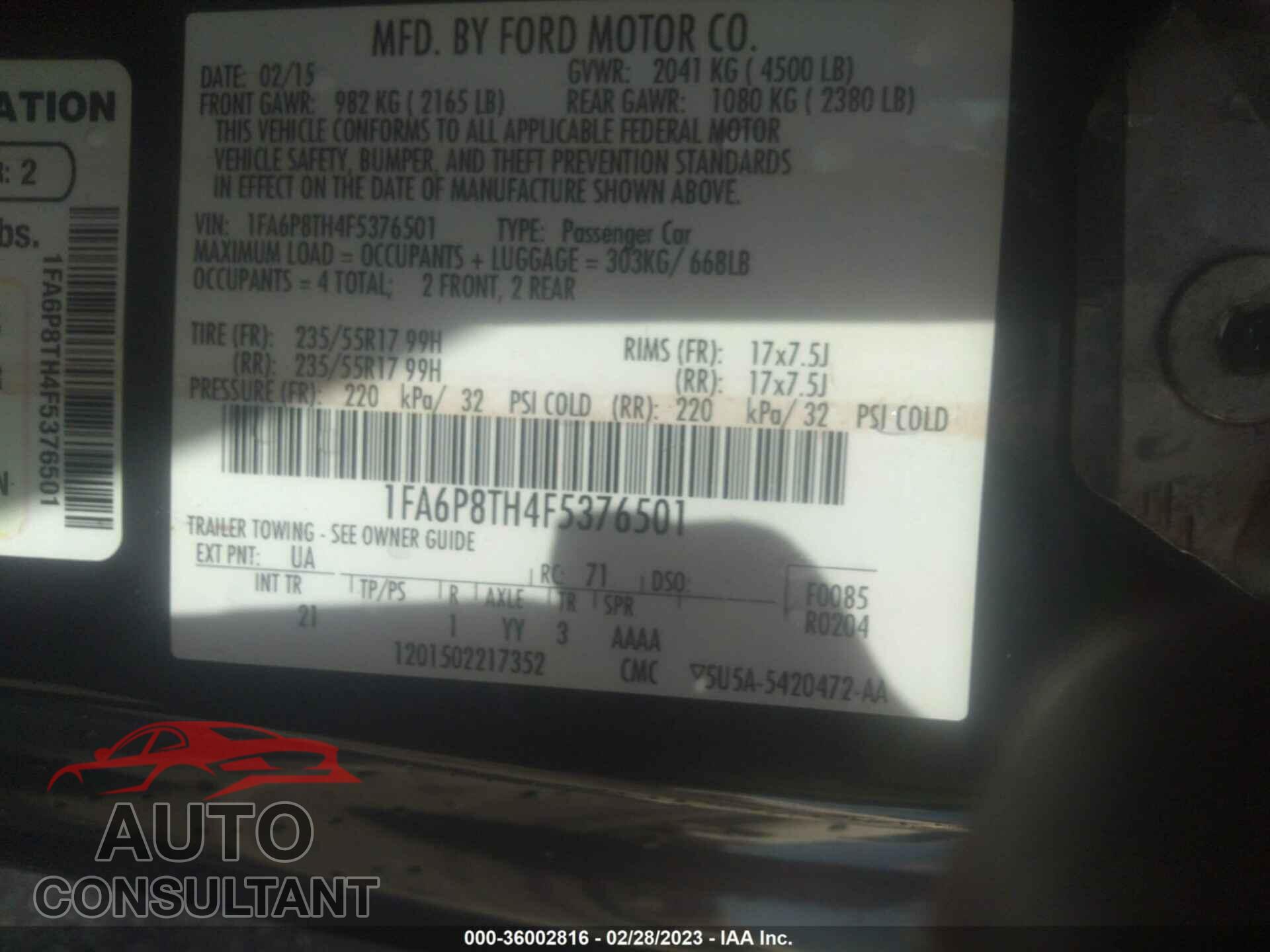 FORD MUSTANG 2015 - 1FA6P8TH4F5376501