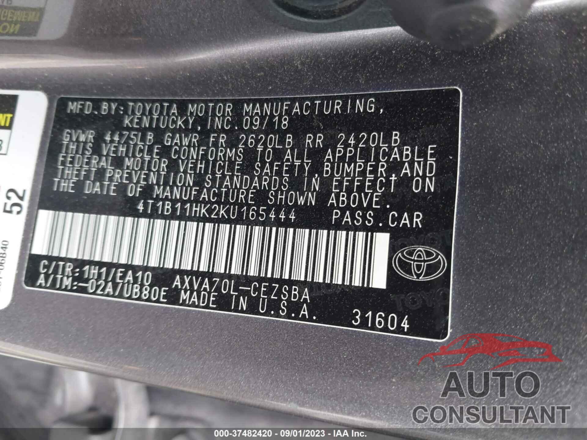 TOYOTA CAMRY 2019 - 4T1B11HK2KU165444