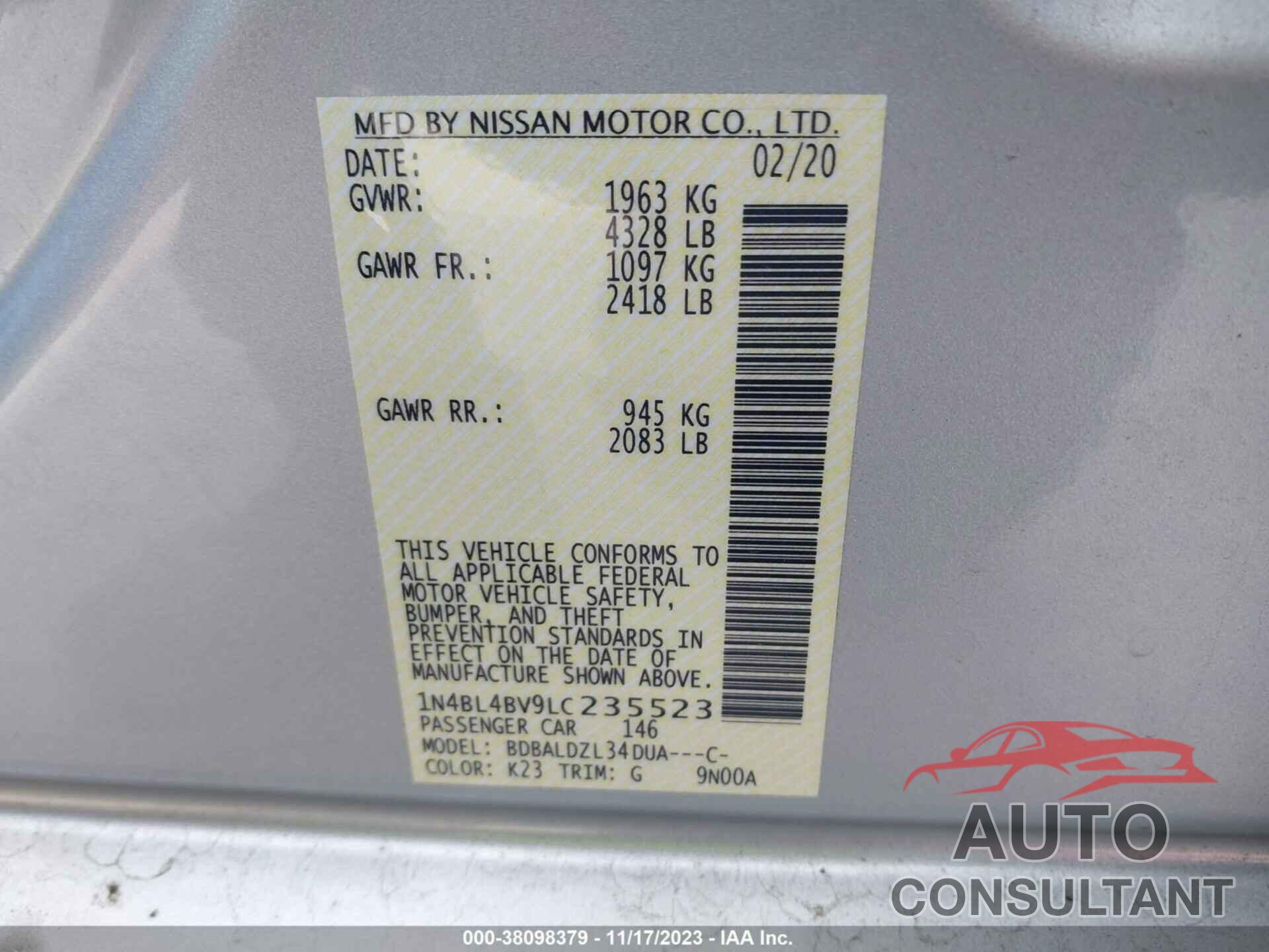 NISSAN ALTIMA 2020 - 1N4BL4BV9LC235523