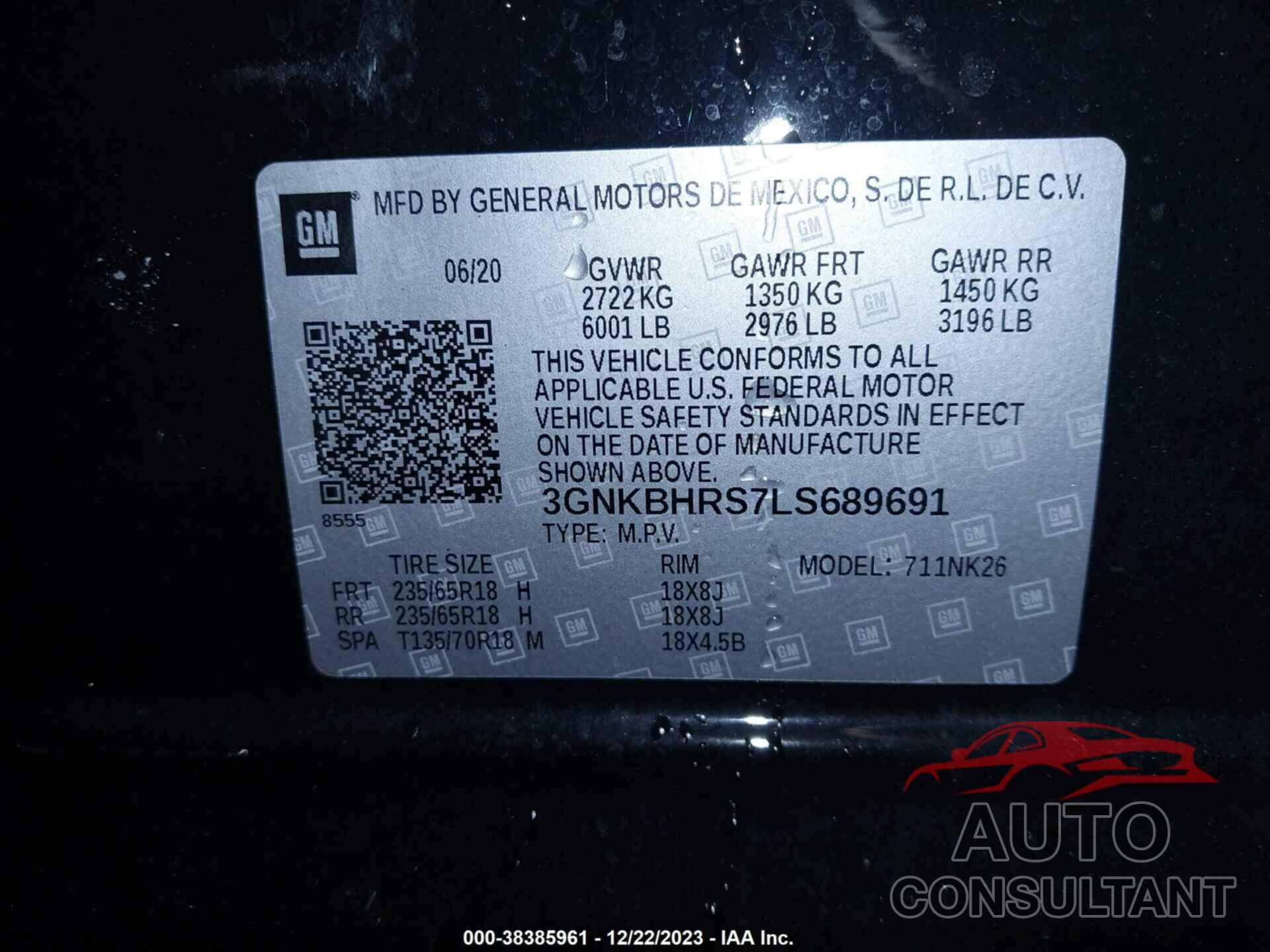 CHEVROLET BLAZER 2020 - 3GNKBHRS7LS689691