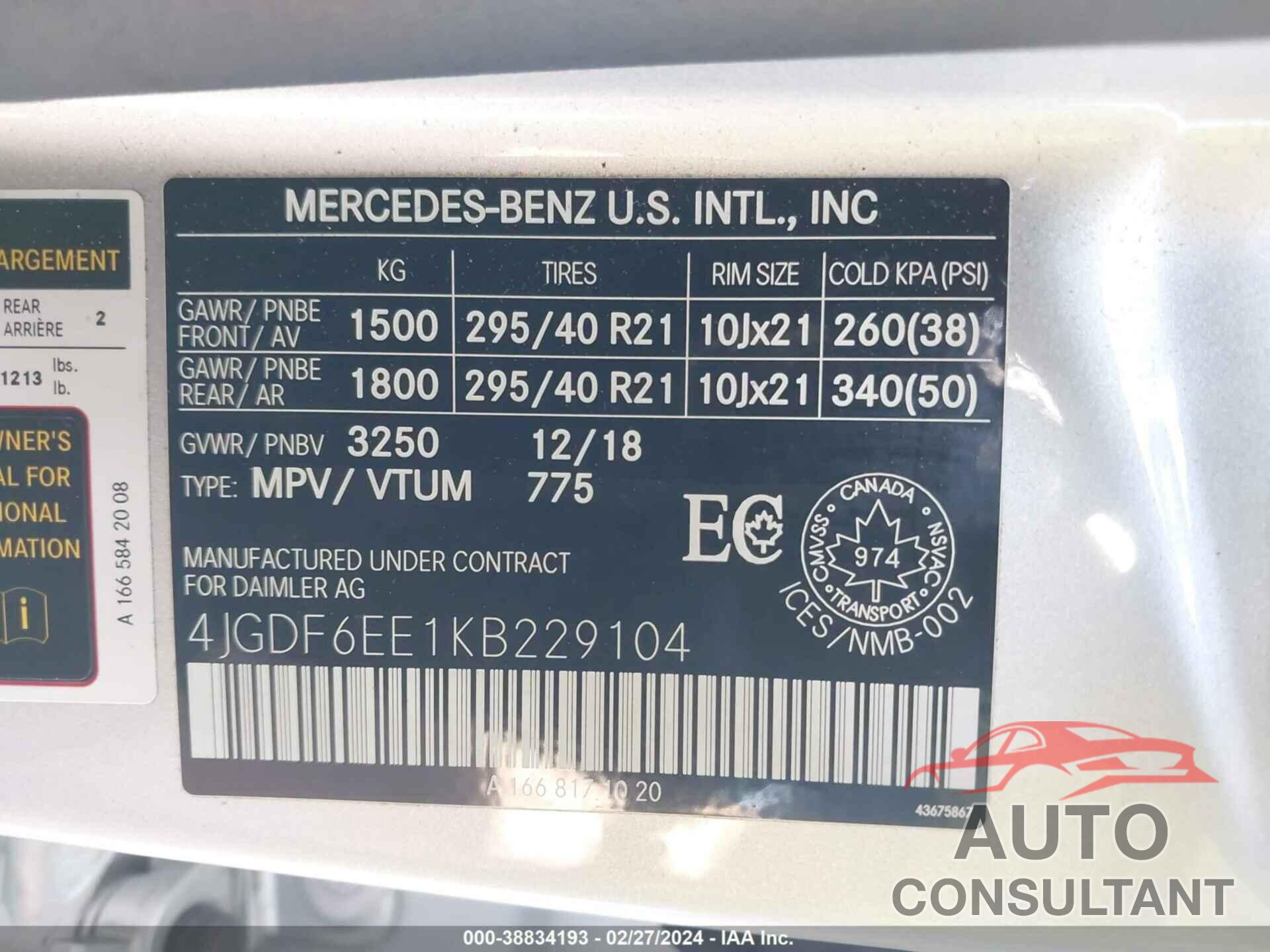 MERCEDES-BENZ GLS 2019 - 4JGDF6EE1KB229104