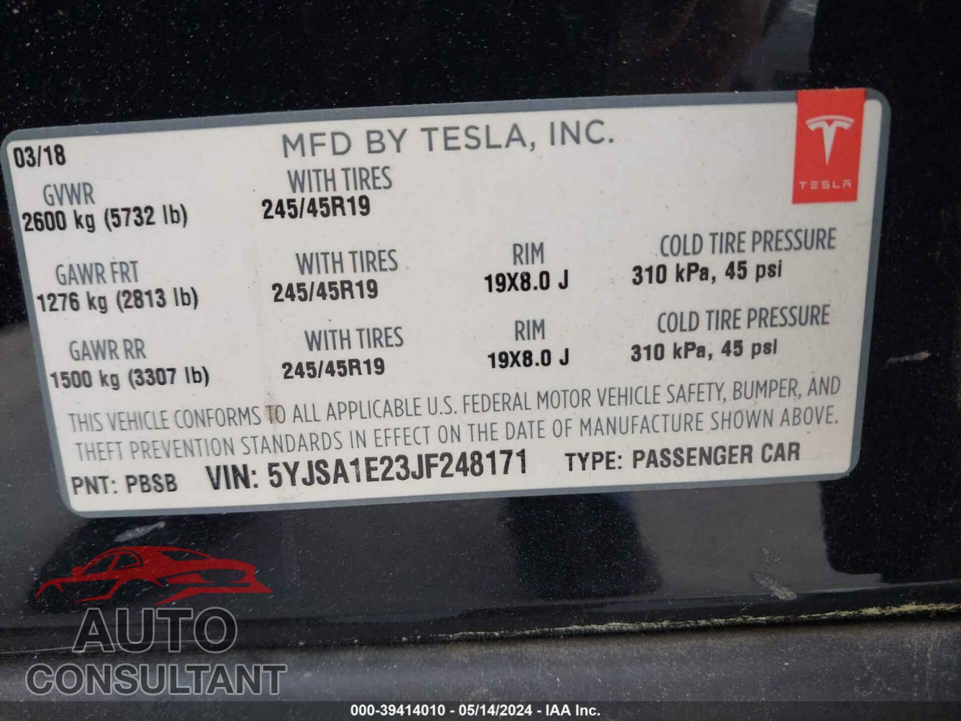 TESLA MODEL S 2018 - 5YJSA1E23JF248171