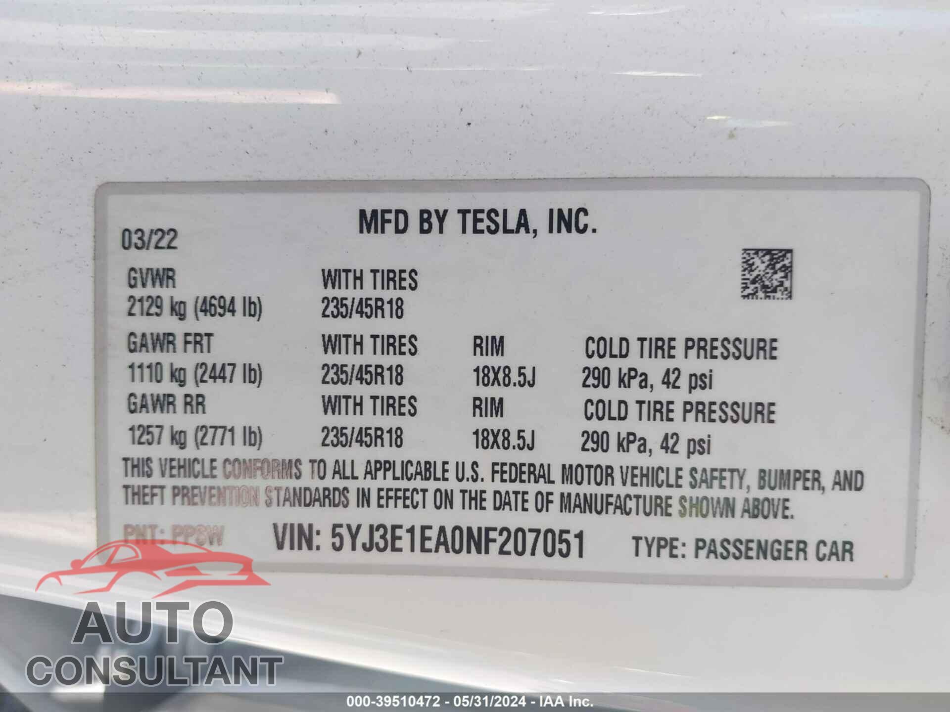 TESLA MODEL 3 2022 - 5YJ3E1EA0NF207051