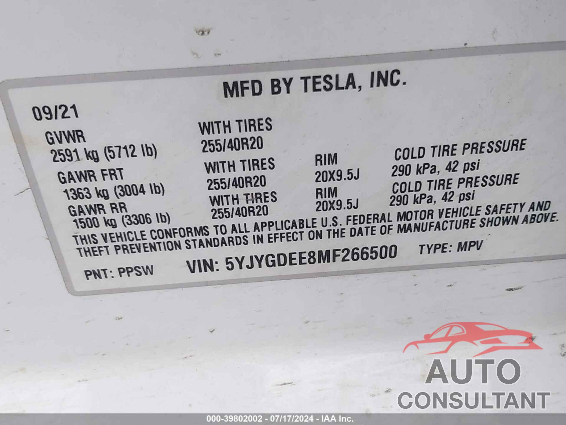 TESLA MODEL Y 2021 - 5YJYGDEE8MF266500
