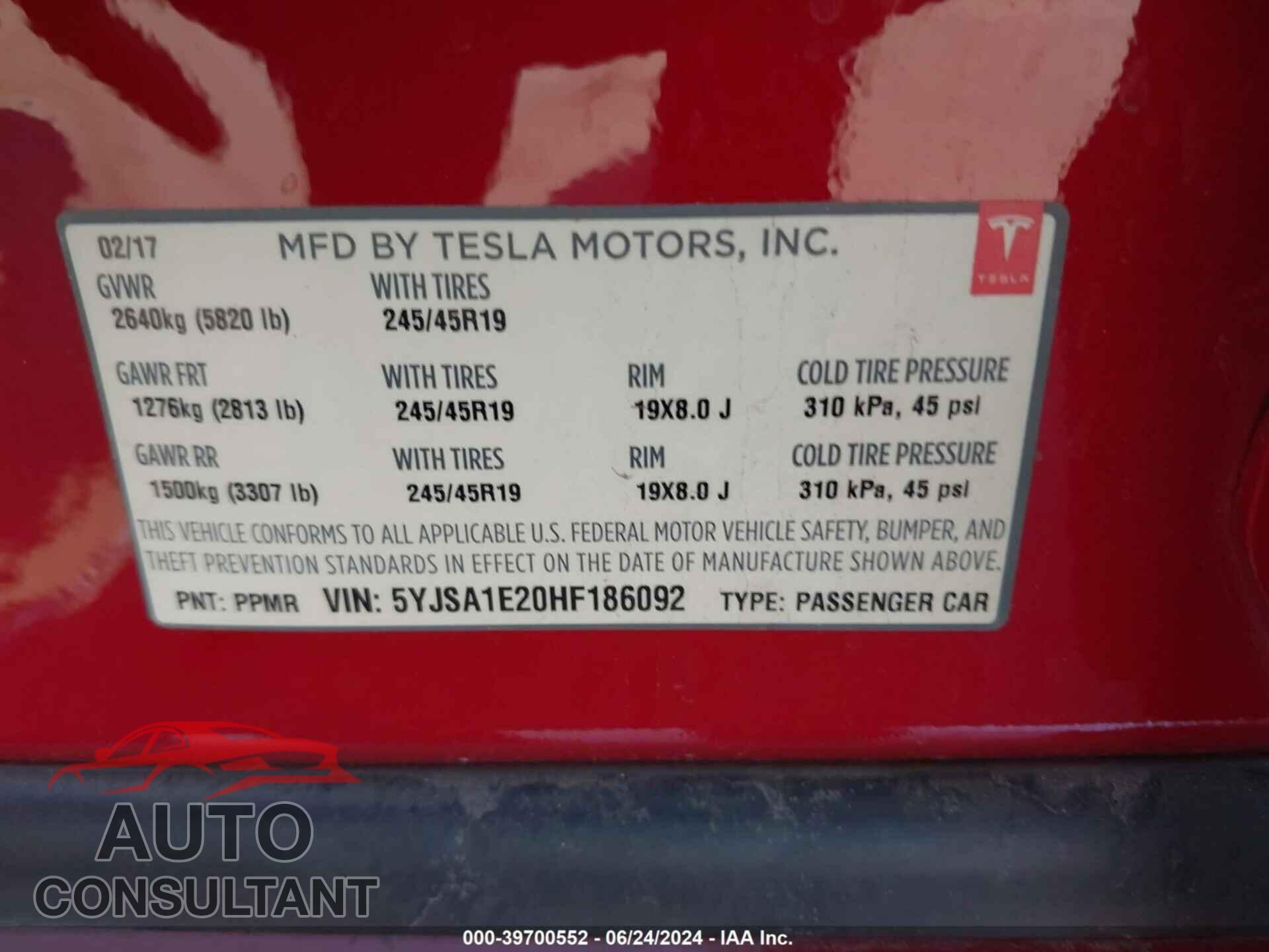 TESLA MODEL S 2017 - 5YJSA1E20HF186092