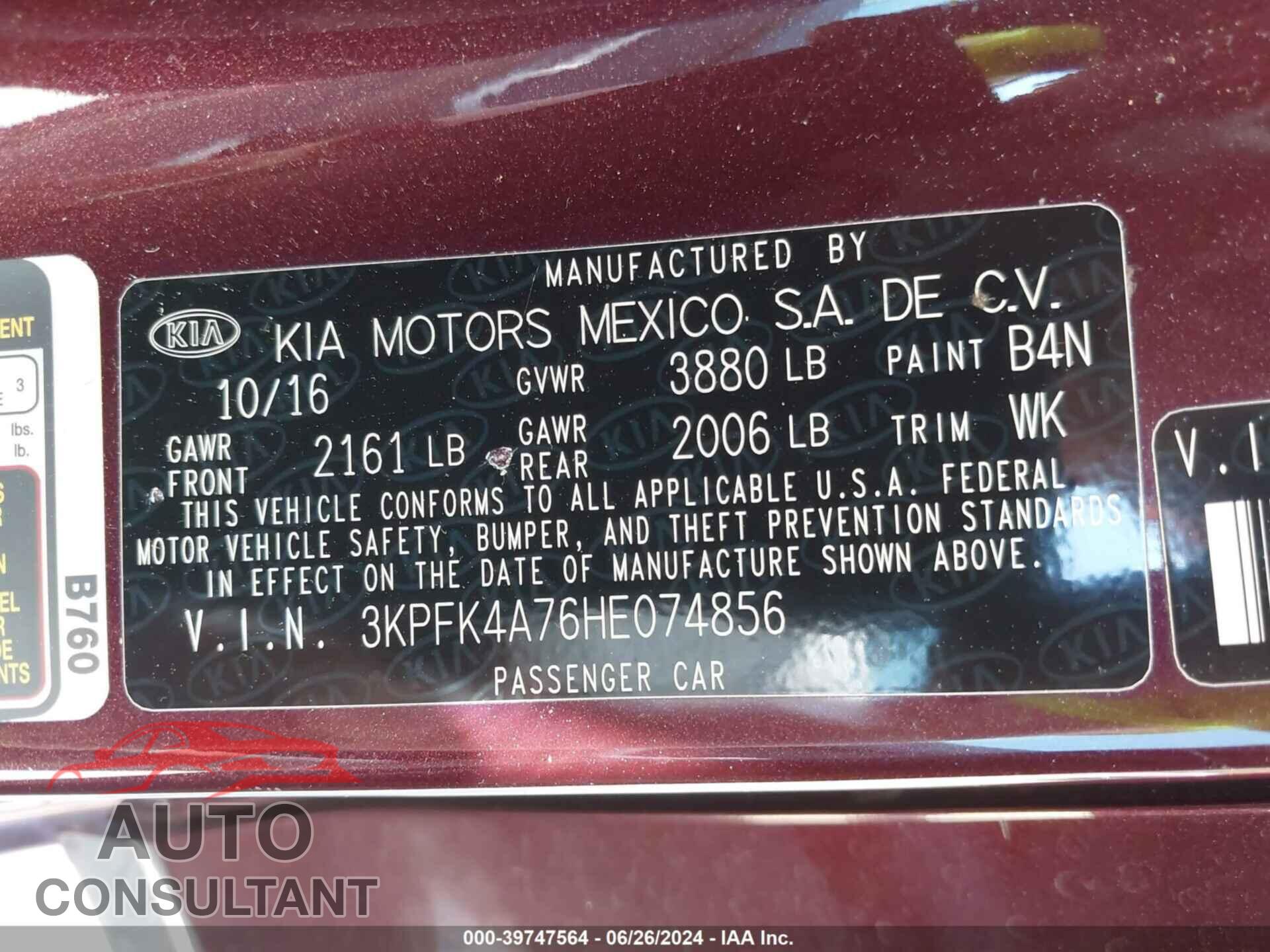 KIA FORTE 2017 - 3KPFK4A76HE074856