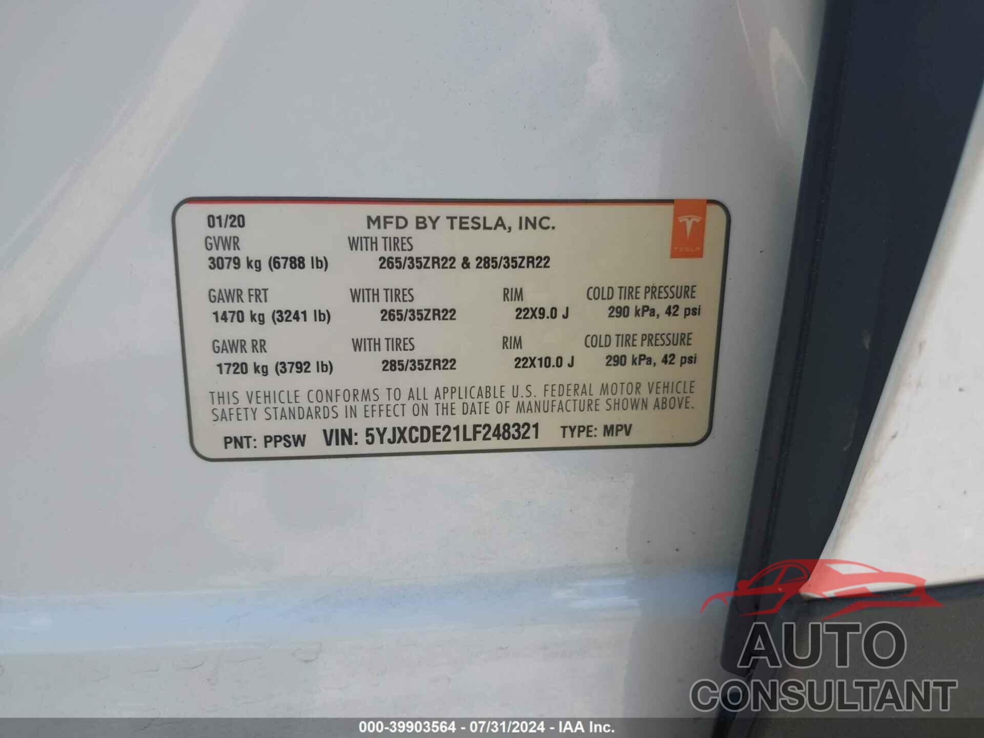 TESLA MODEL X 2020 - 5YJXCDE21LF248321