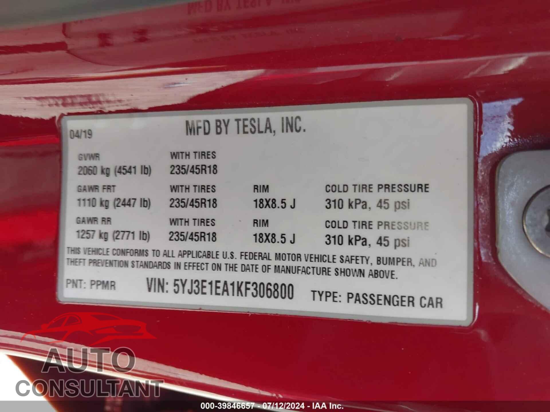 TESLA MODEL 3 2019 - 5YJ3E1EA1KF306800