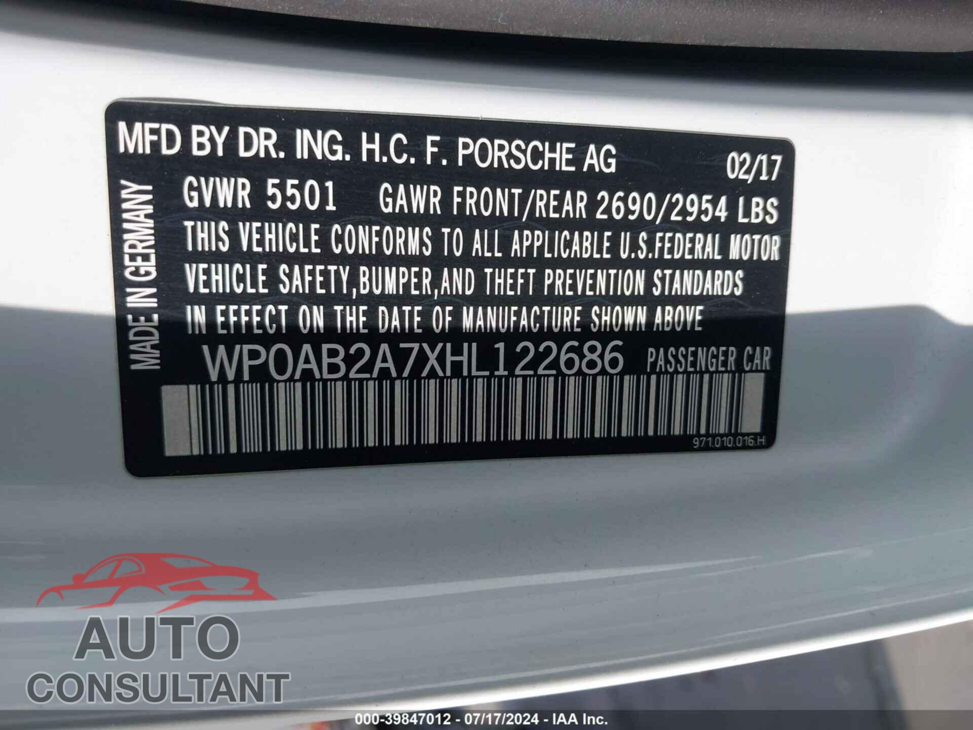 PORSCHE PANAMERA 2017 - WP0AB2A7XHL122686
