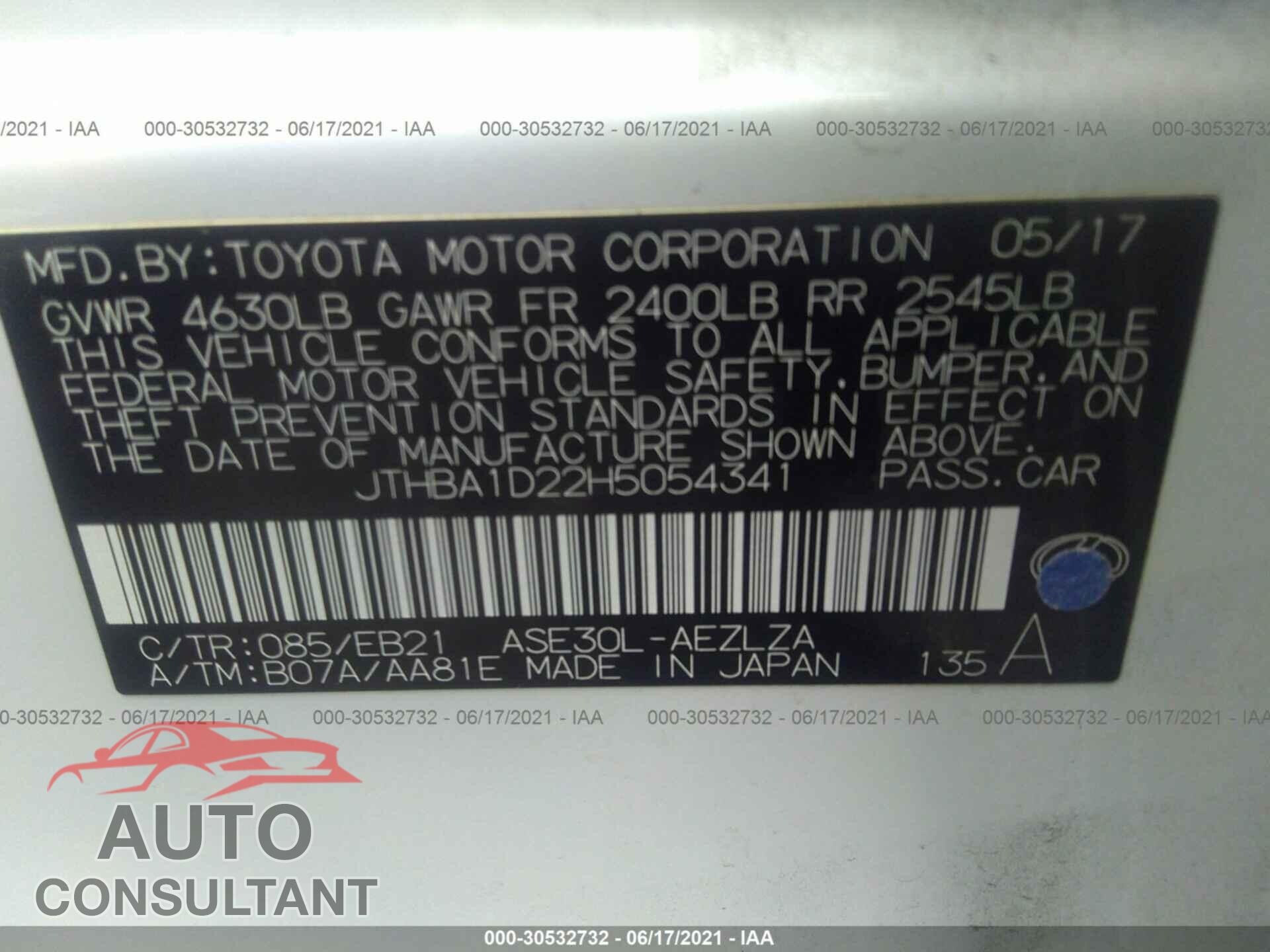 LEXUS IS 2017 - JTHBA1D22H5054341