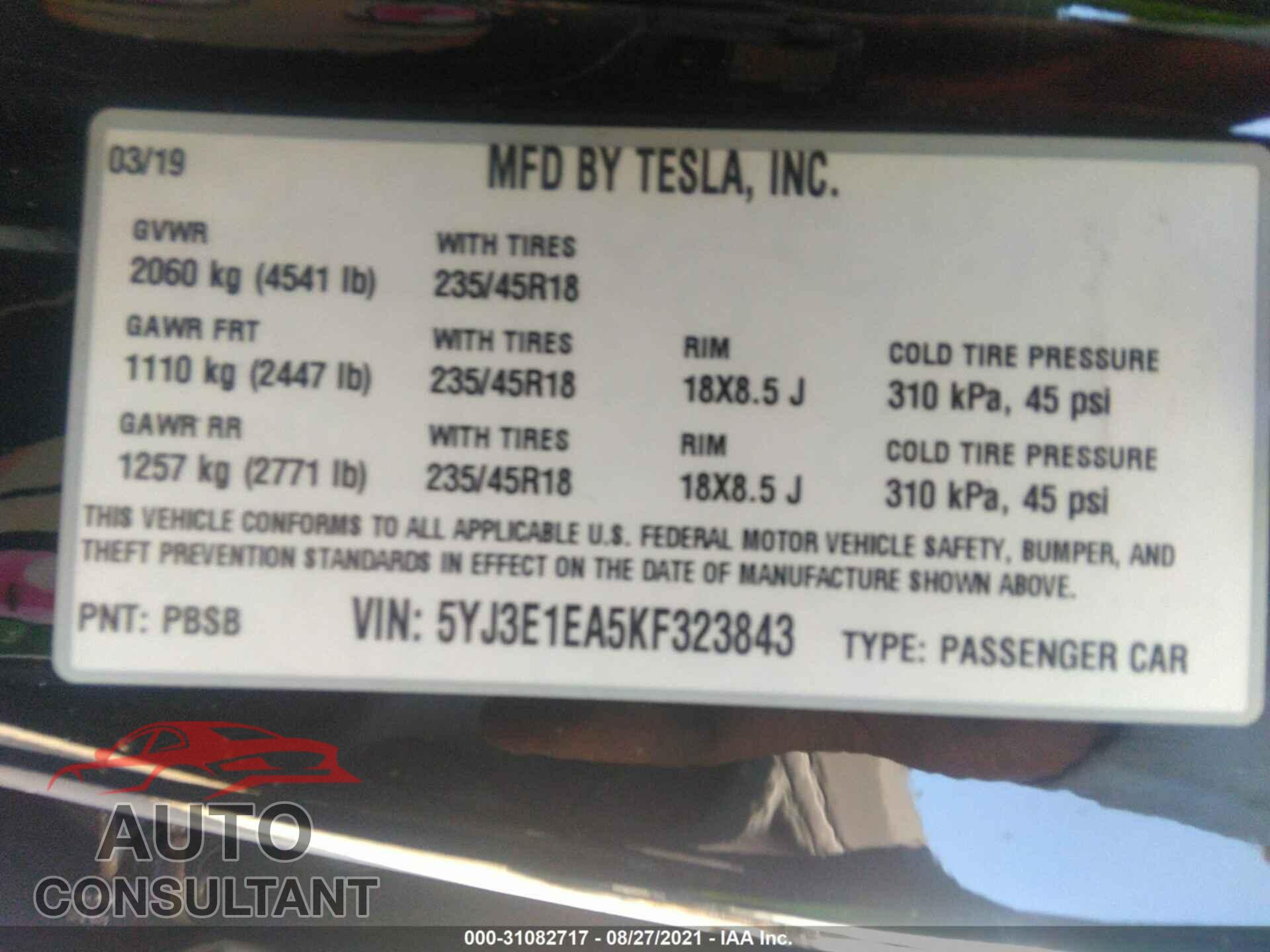 TESLA MODEL 3 2019 - 5YJ3E1EA5KF323843