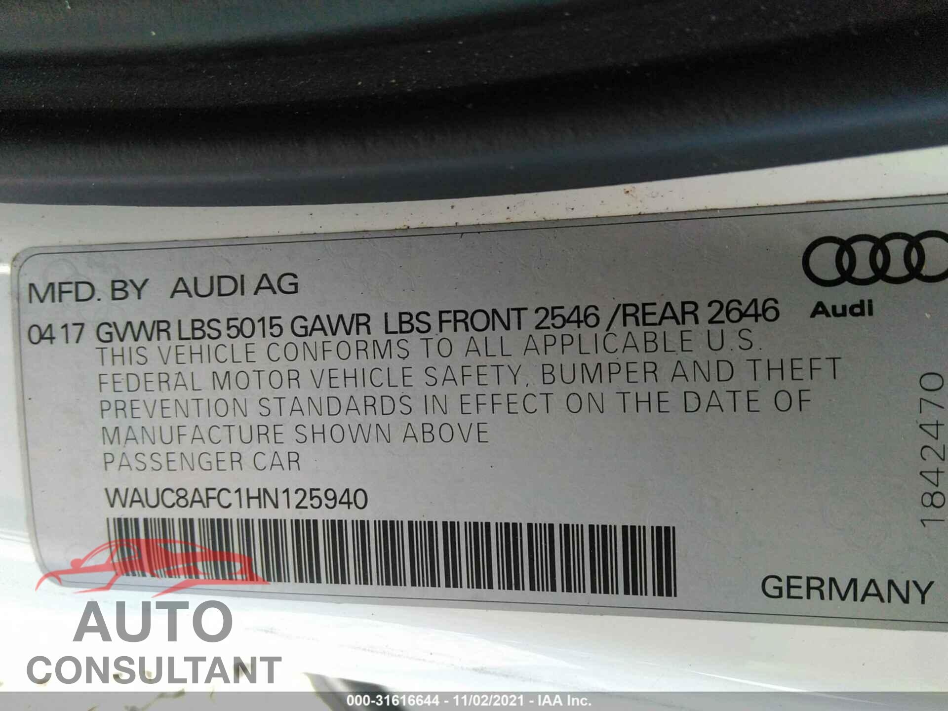 AUDI A6 2017 - WAUC8AFC1HN125940