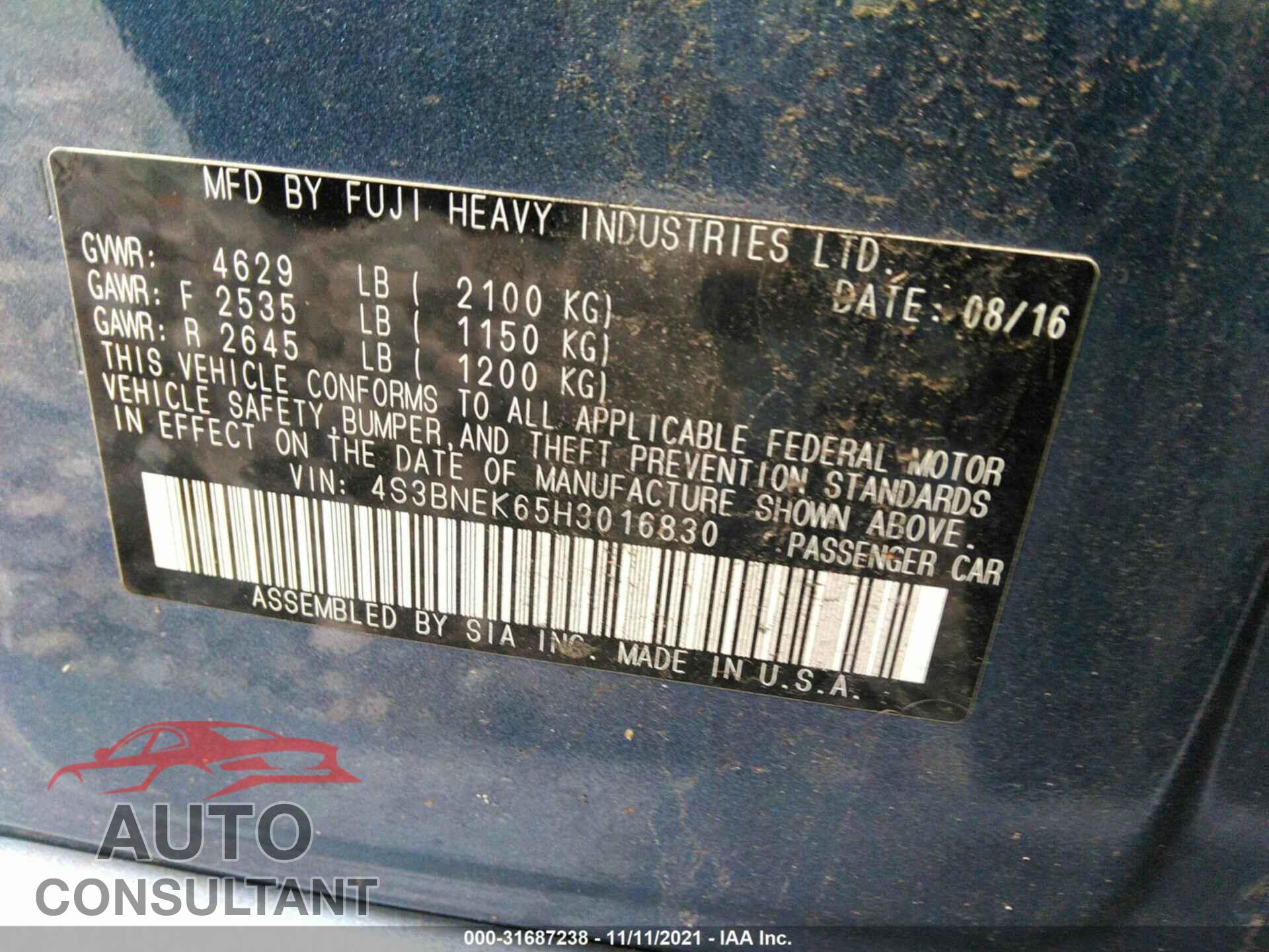 SUBARU LEGACY 2017 - 4S3BNEK65H3016830