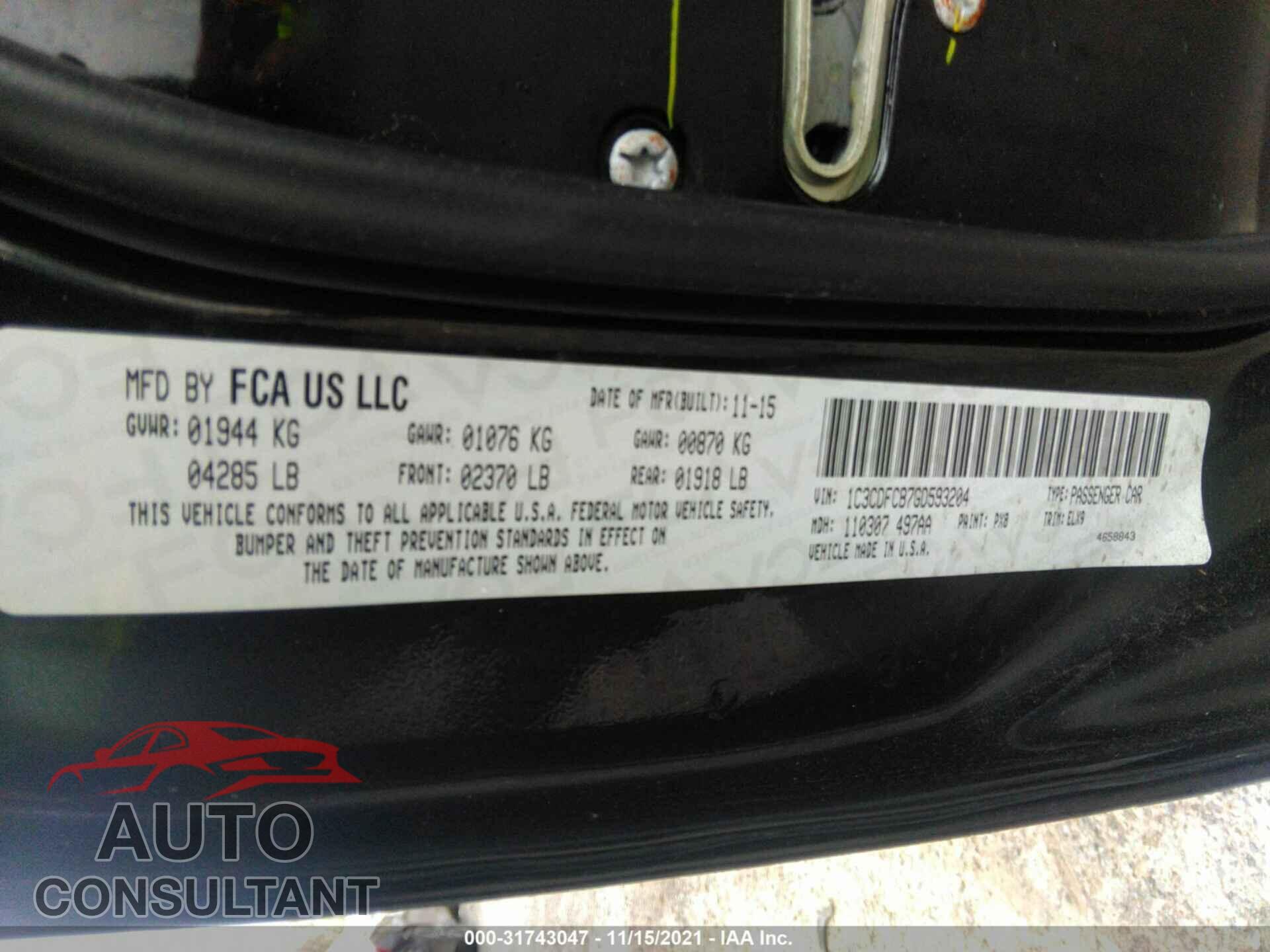 DODGE DART 2016 - 1C3CDFCB7GD593204