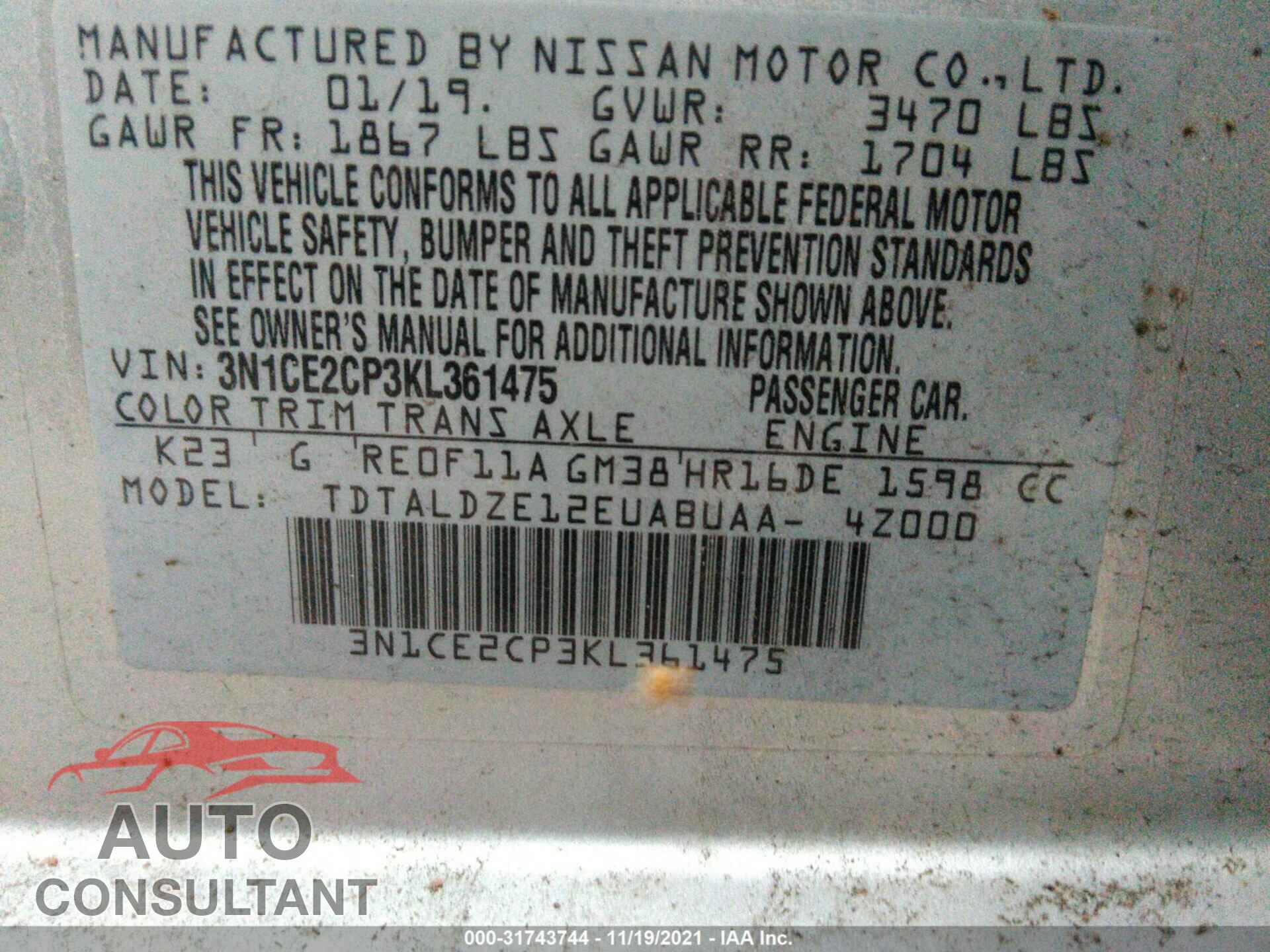 NISSAN VERSA NOTE 2019 - 3N1CE2CP3KL361475