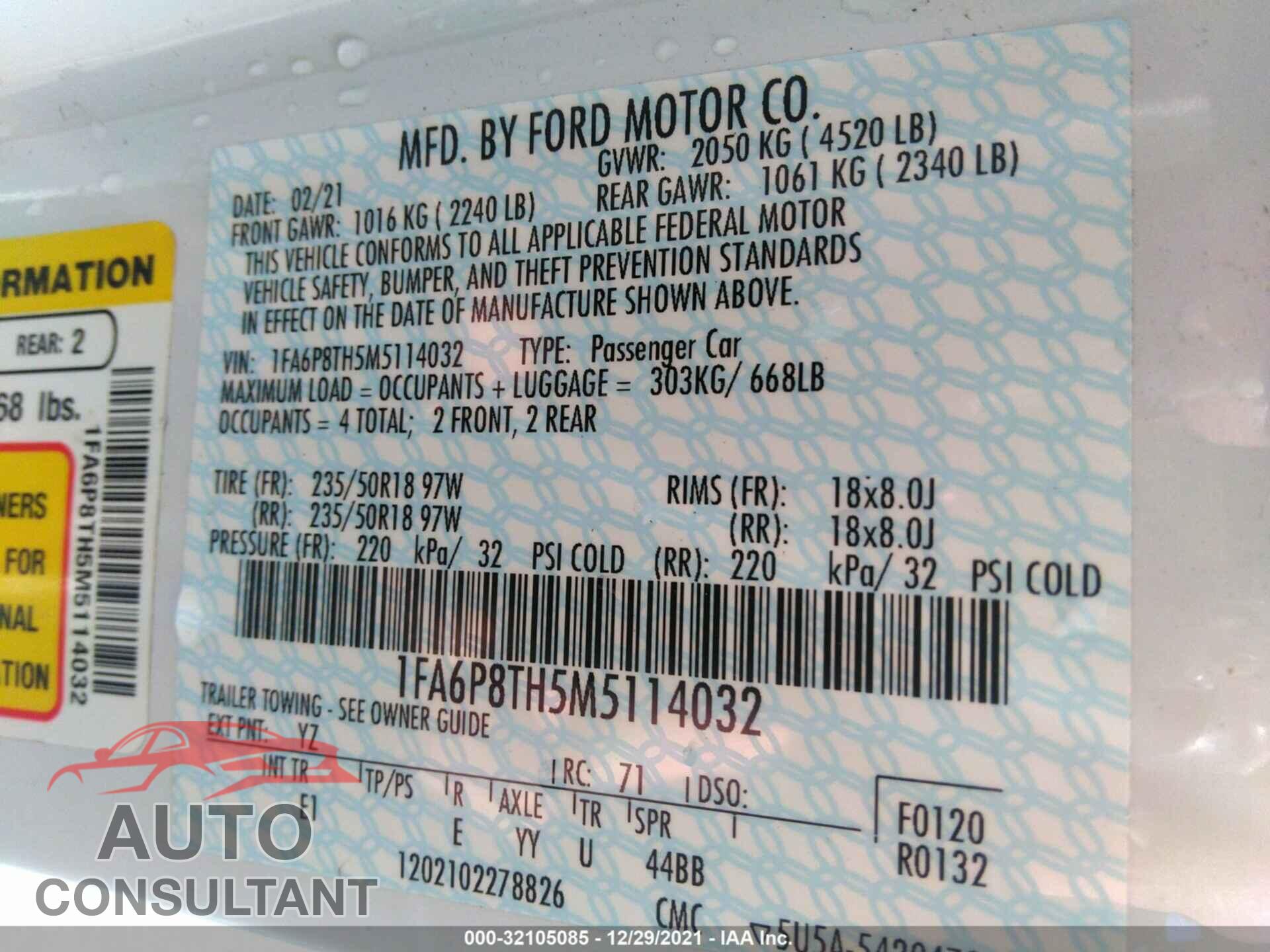 FORD MUSTANG 2021 - 1FA6P8TH5M5114032