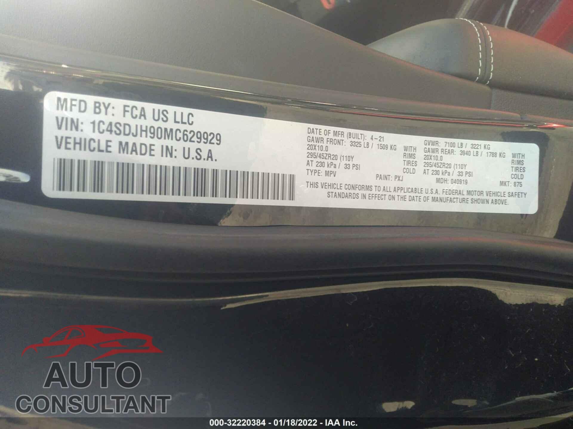 DODGE DURANGO 2021 - 1C4SDJH90MC629929