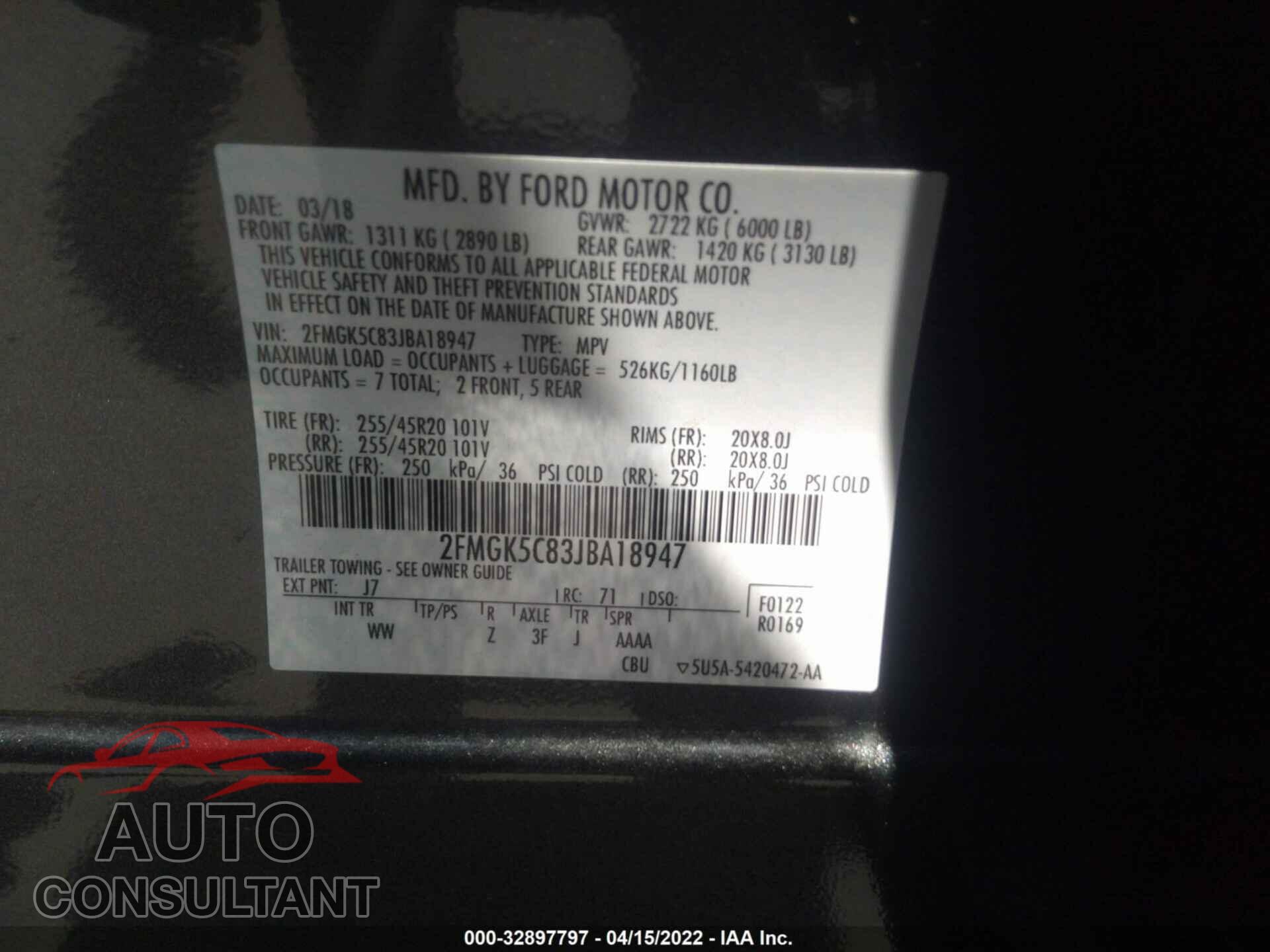 FORD FLEX 2018 - 2FMGK5C83JBA18947