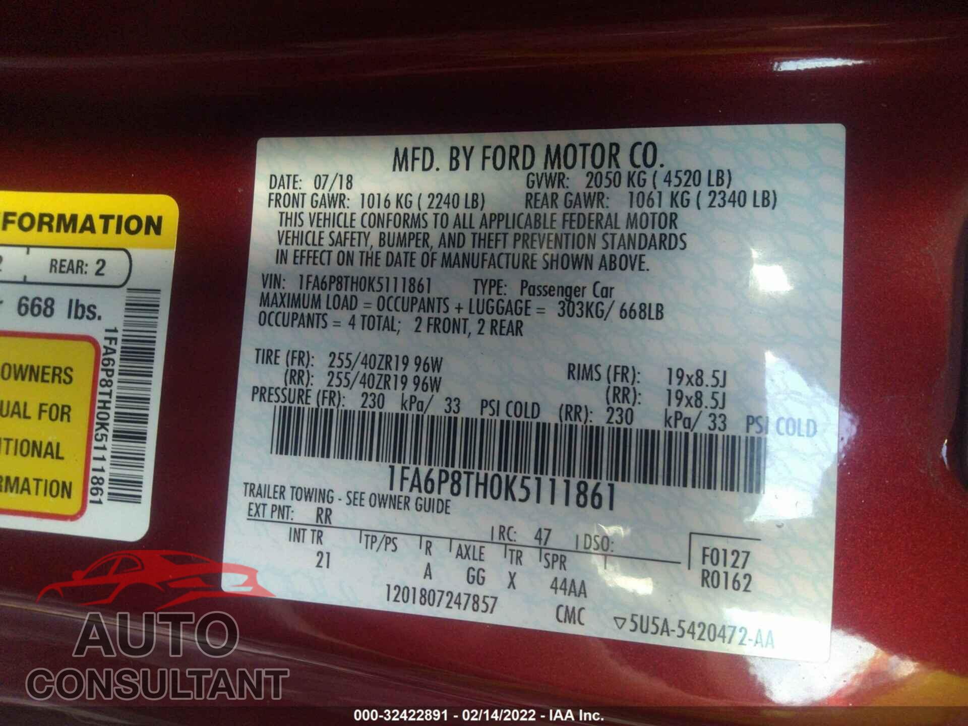 FORD MUSTANG 2019 - 1FA6P8TH0K5111861