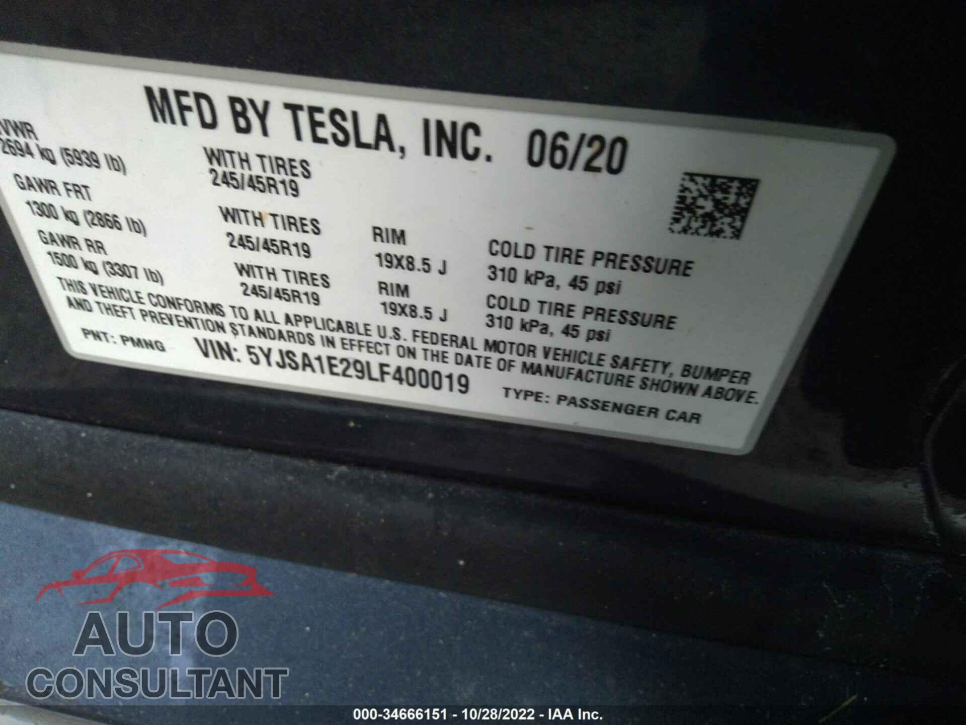 TESLA MODEL S 2020 - 5YJSA1E29LF400019