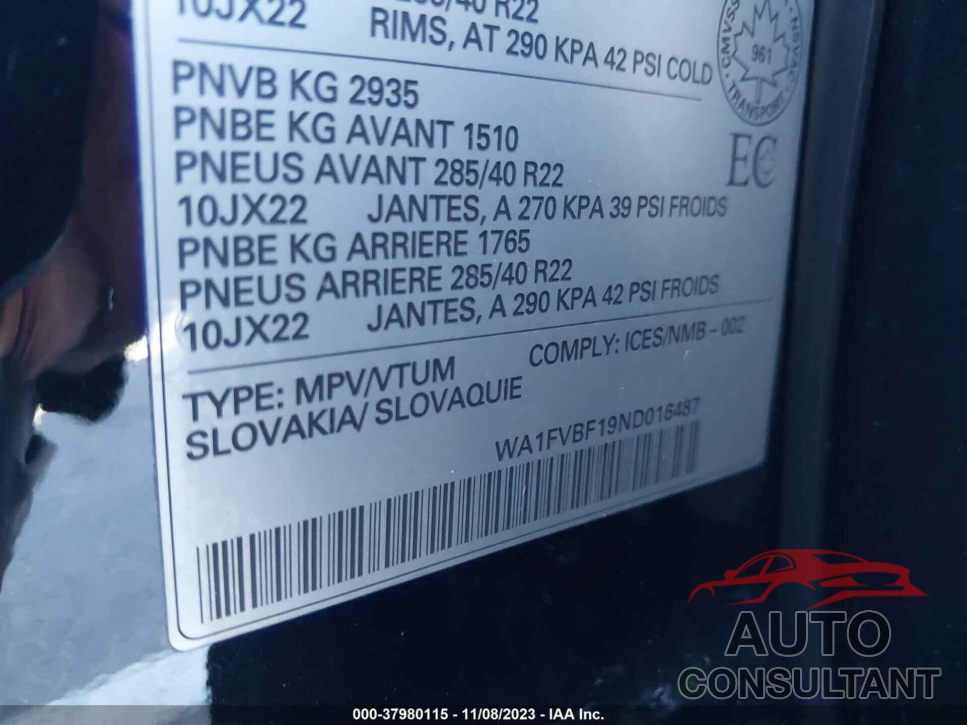 AUDI Q8 2022 - WA1FVBF19ND016487