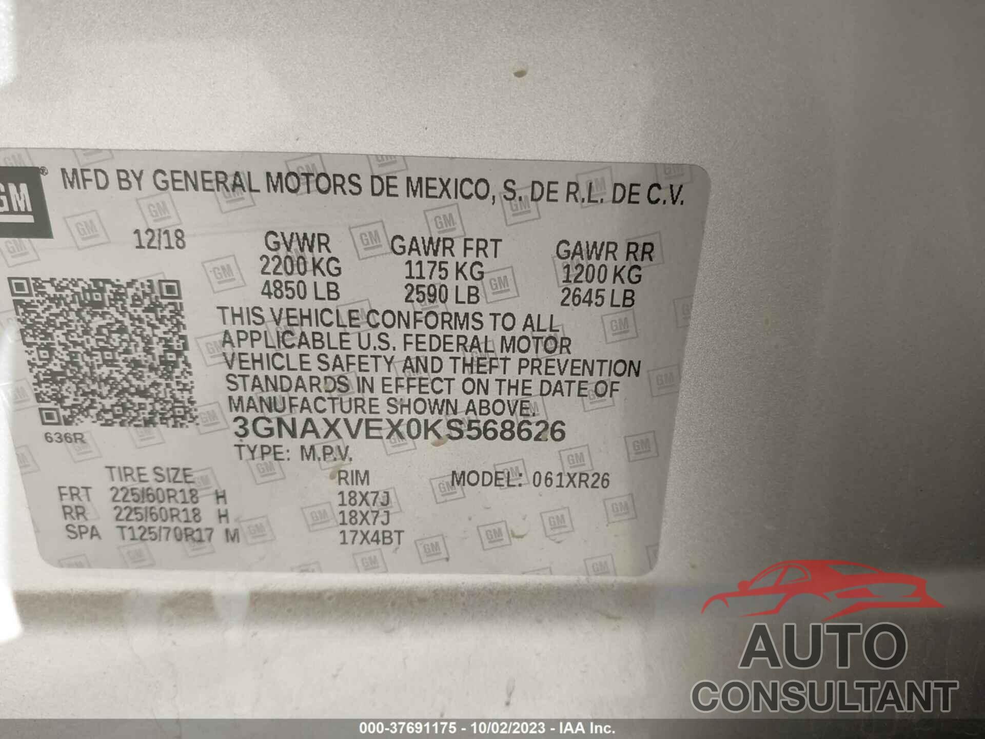 CHEVROLET EQUINOX 2019 - 3GNAXVEX0KS568626