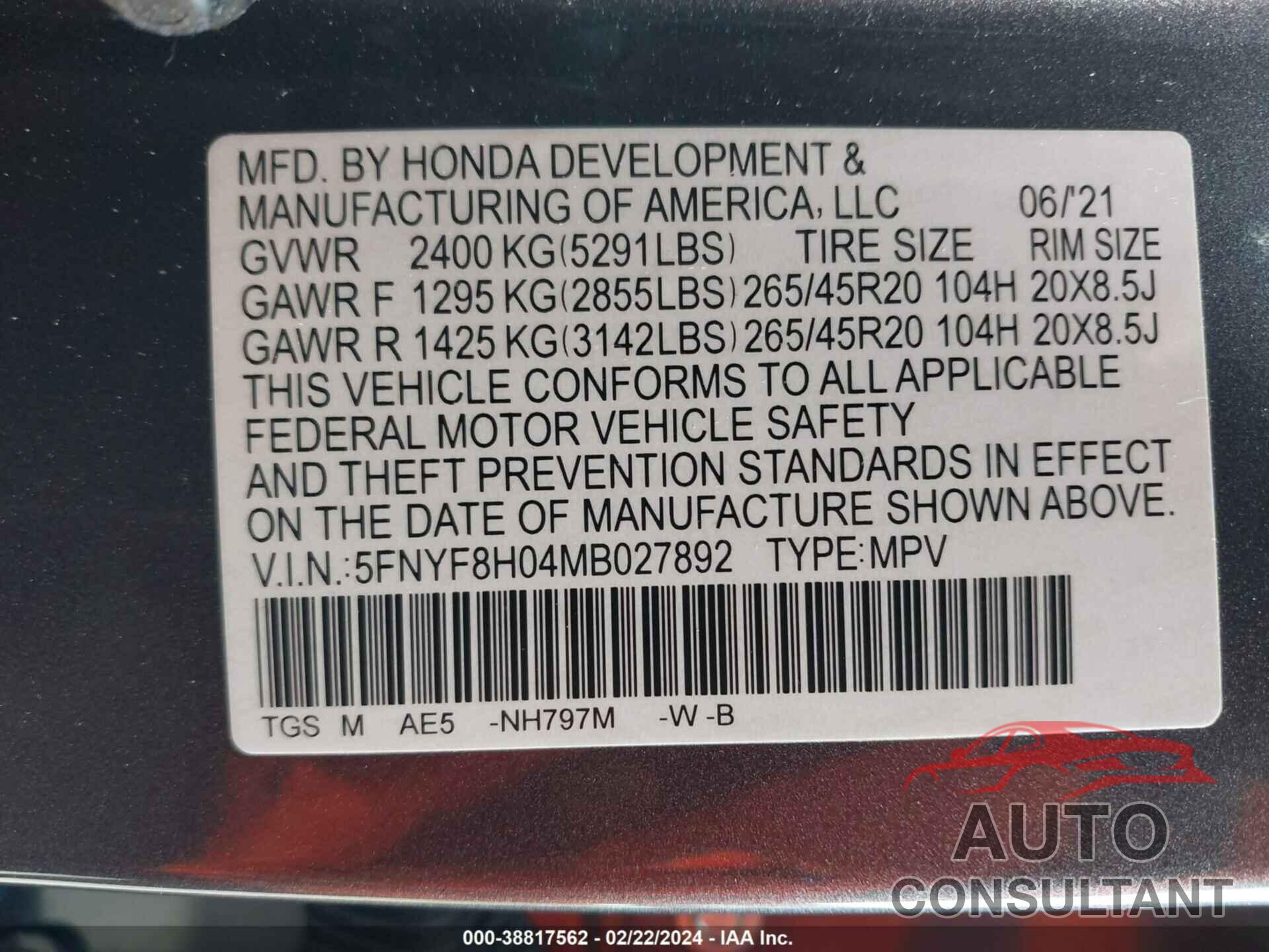 HONDA PASSPORT 2021 - 5FNYF8H04MB027892