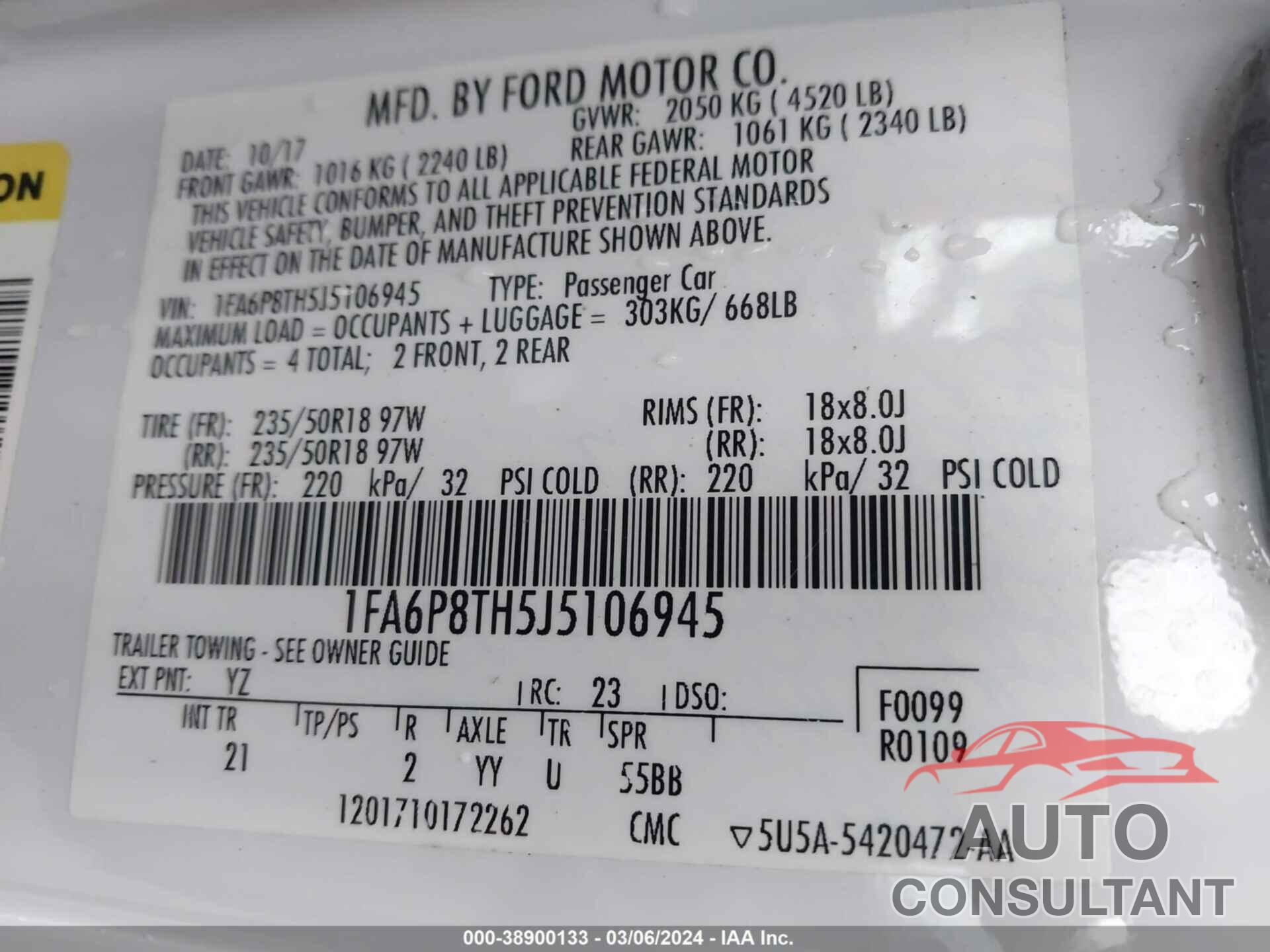 FORD MUSTANG 2018 - 1FA6P8TH5J5106945