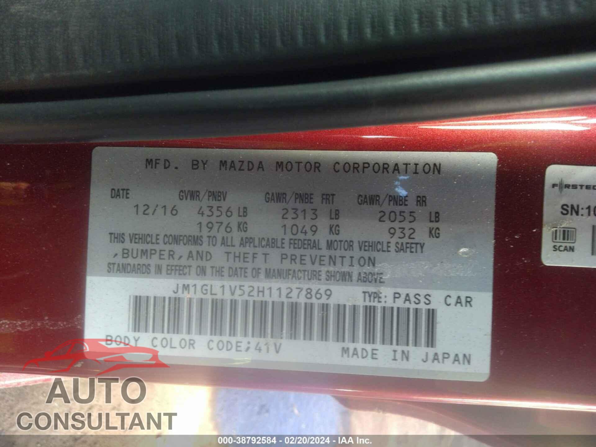 MAZDA 6 2017 - JM1GL1V52H1127869