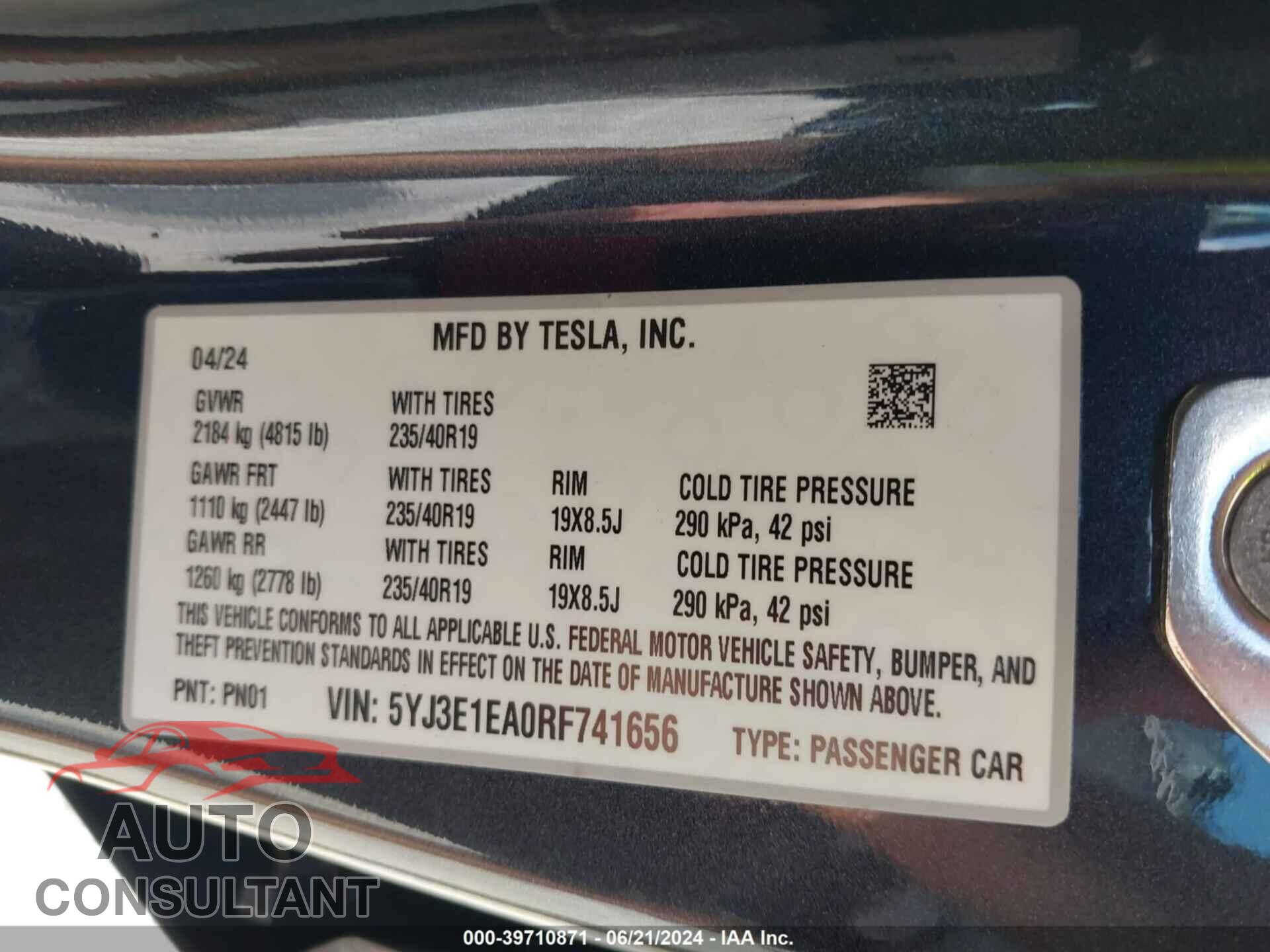 TESLA MODEL 3 2024 - 5YJ3E1EA0RF741656