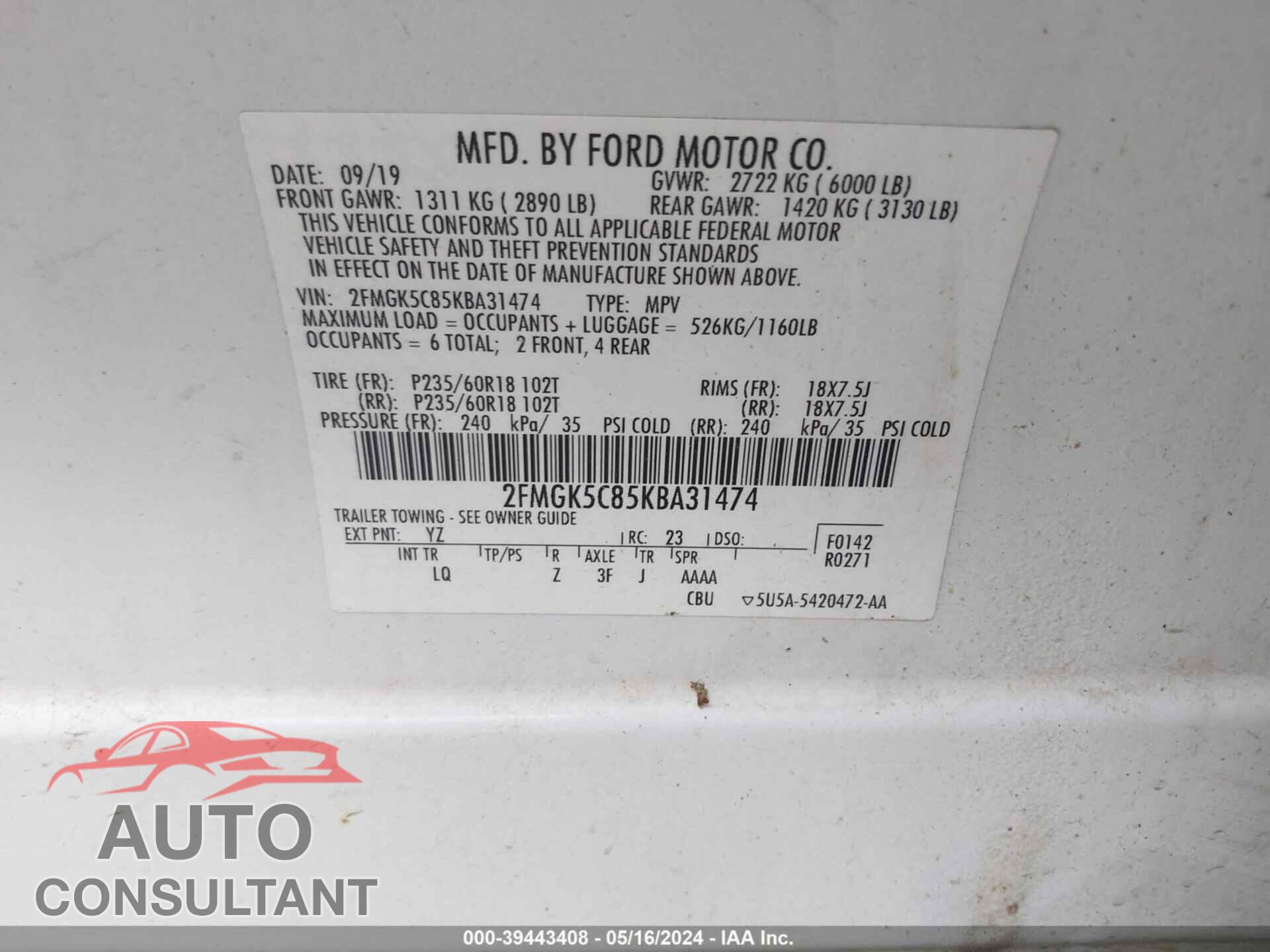 FORD FLEX 2019 - 2FMGK5C85KBA31474