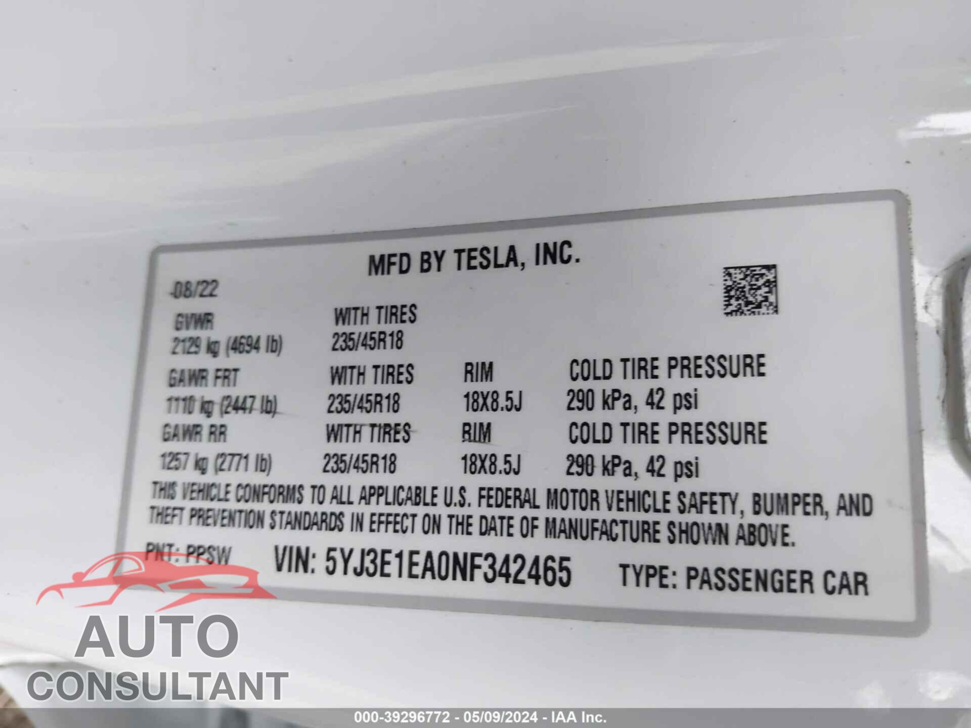 TESLA MODEL 3 2022 - 5YJ3E1EA0NF342465
