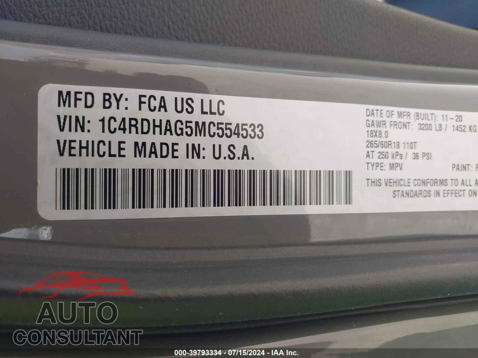DODGE DURANGO 2021 - 1C4RDHAG5MC554533