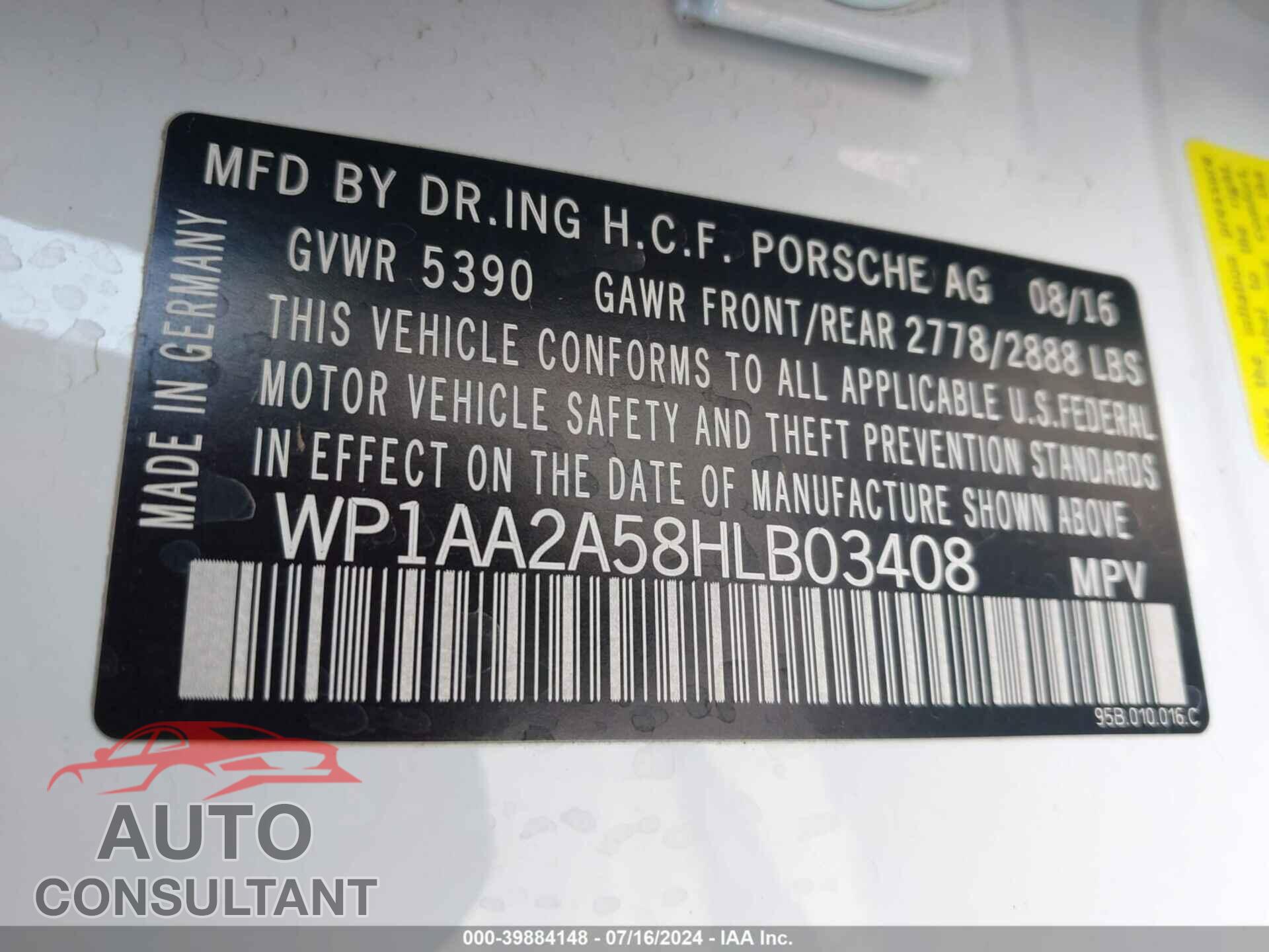 PORSCHE MACAN 2017 - WP1AA2A58HLB03408