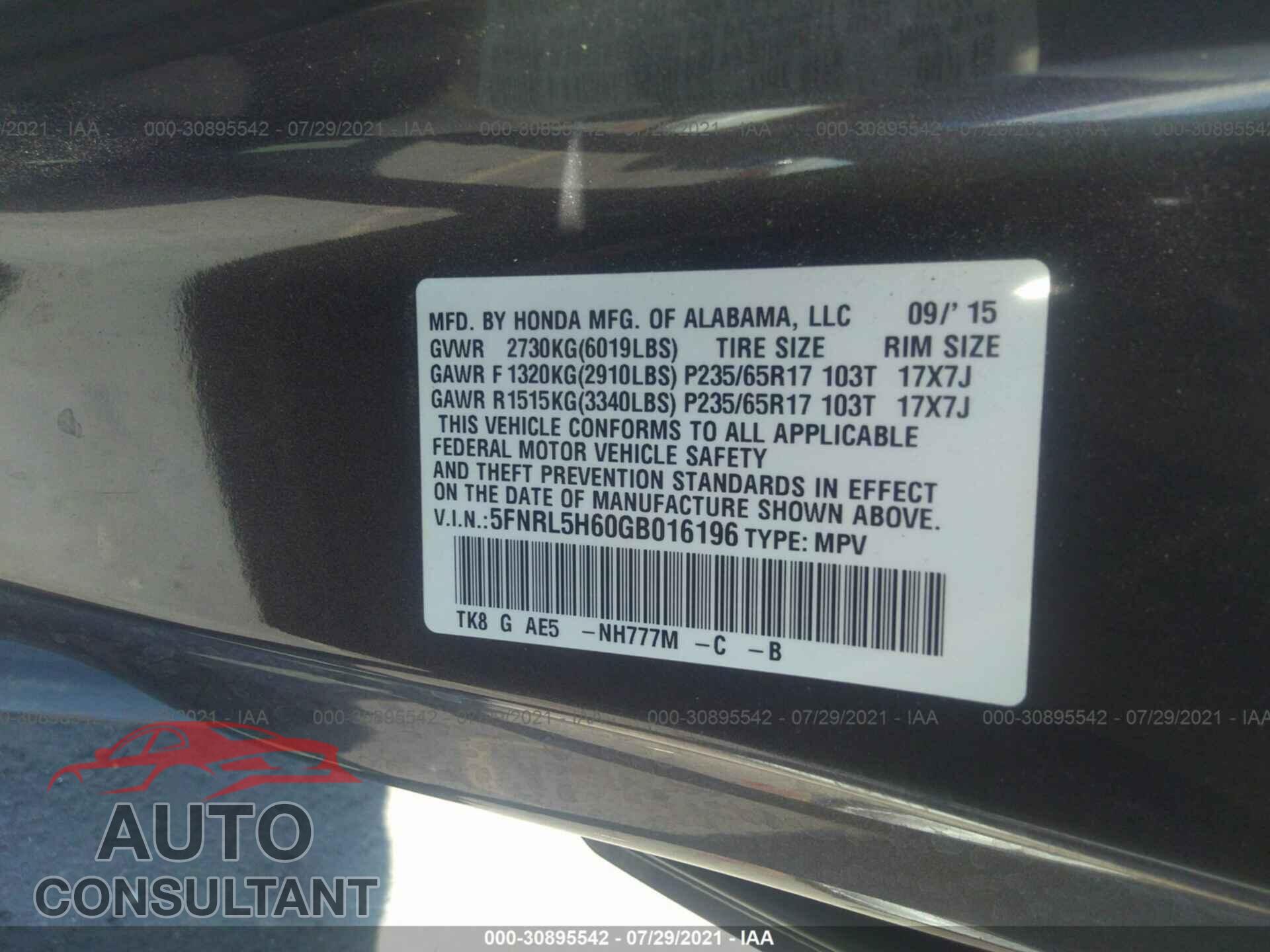 HONDA ODYSSEY 2016 - 5FNRL5H60GB016196