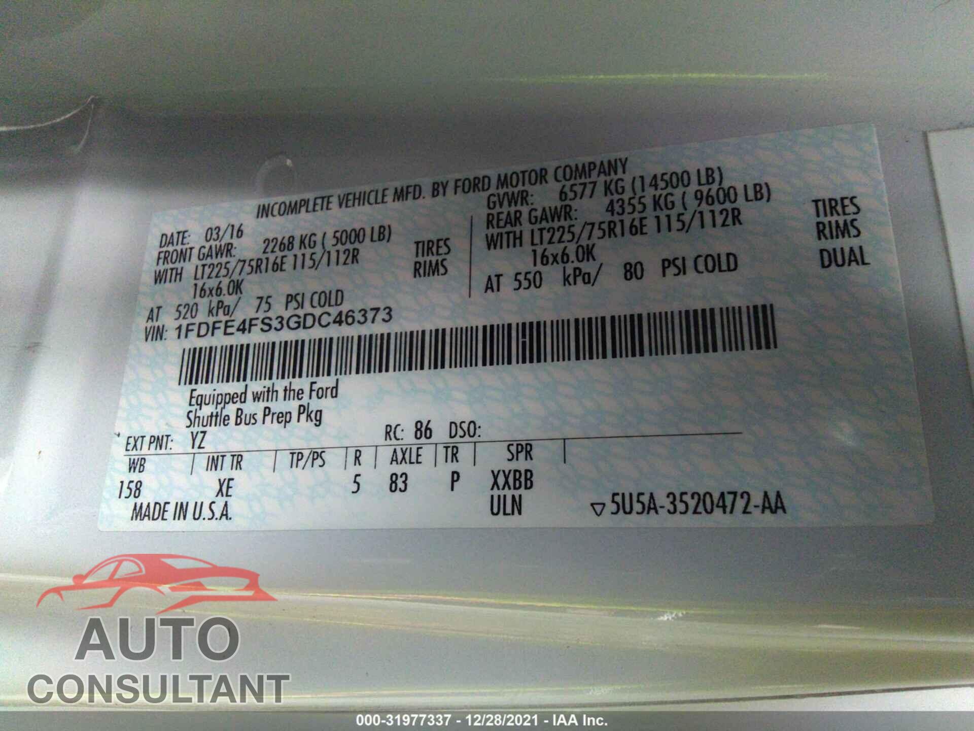 FORD E450 2016 - 1FDFE4FS3GDC46373