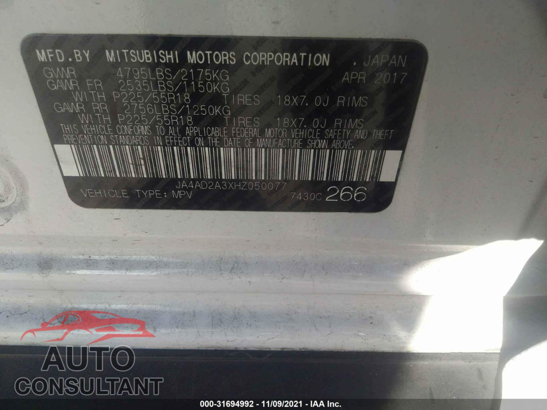 MITSUBISHI OUTLANDER 2017 - JA4AD2A3XHZ050077