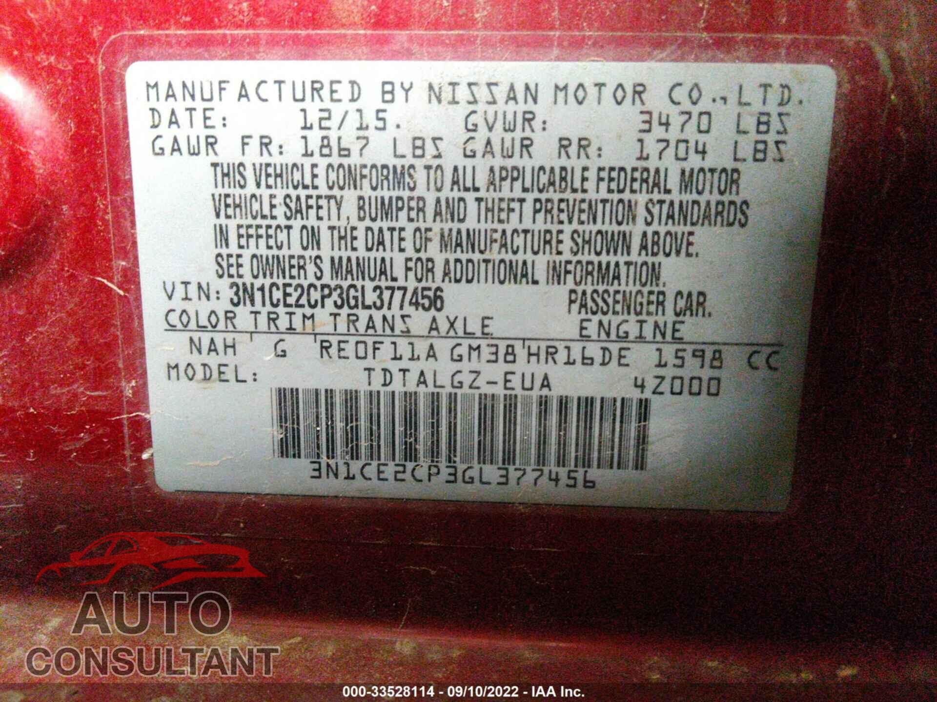 NISSAN VERSA NOTE 2016 - 001CE2CP3GL377456