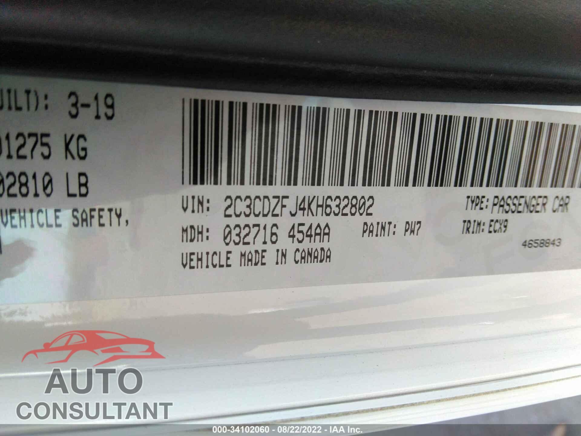DODGE CHALLENGER 2019 - 2C3CDZFJ4KH632802