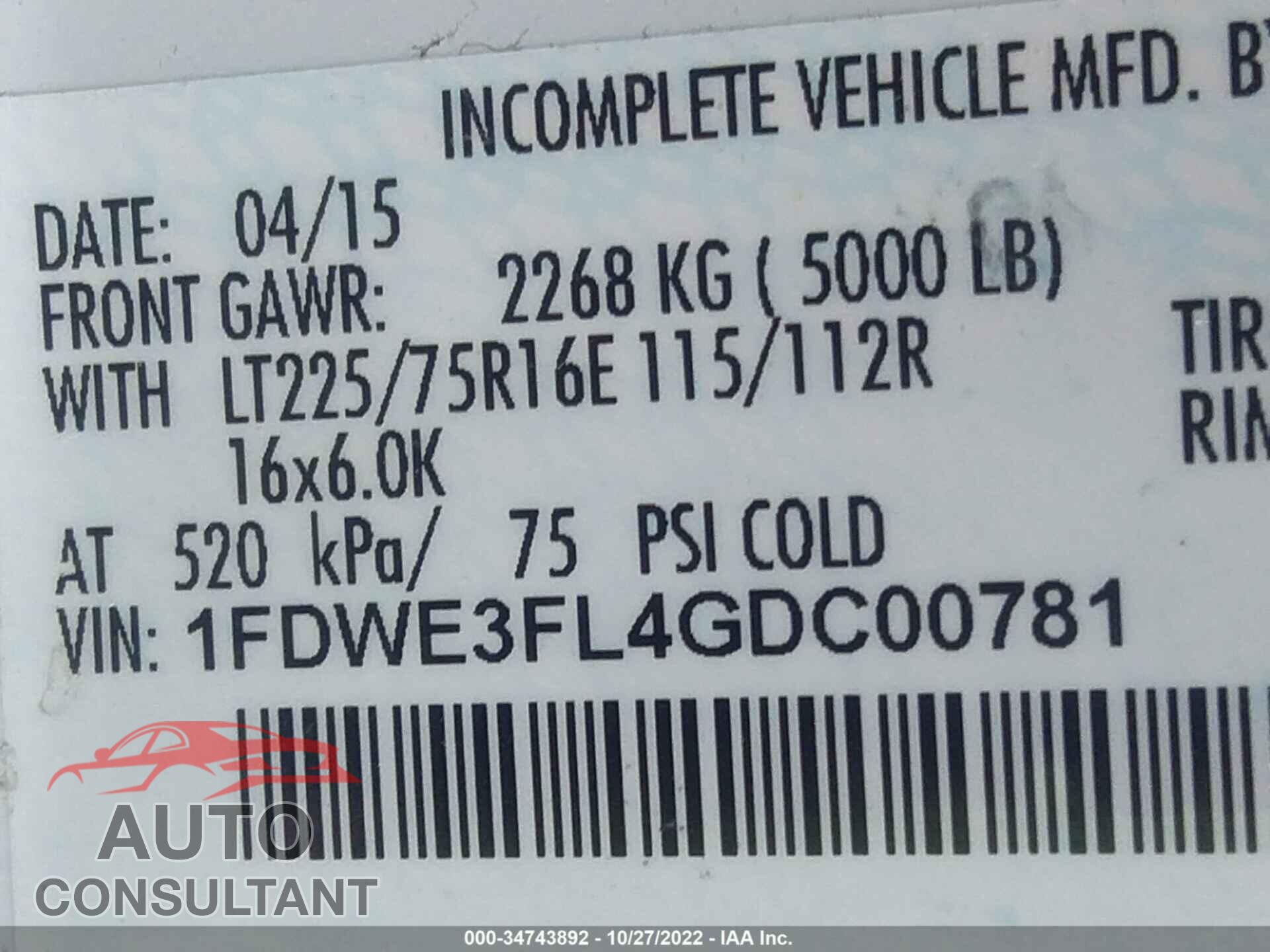 FORD E-350 CUTAWAY 2016 - 1FDWE3FL4GDC00781