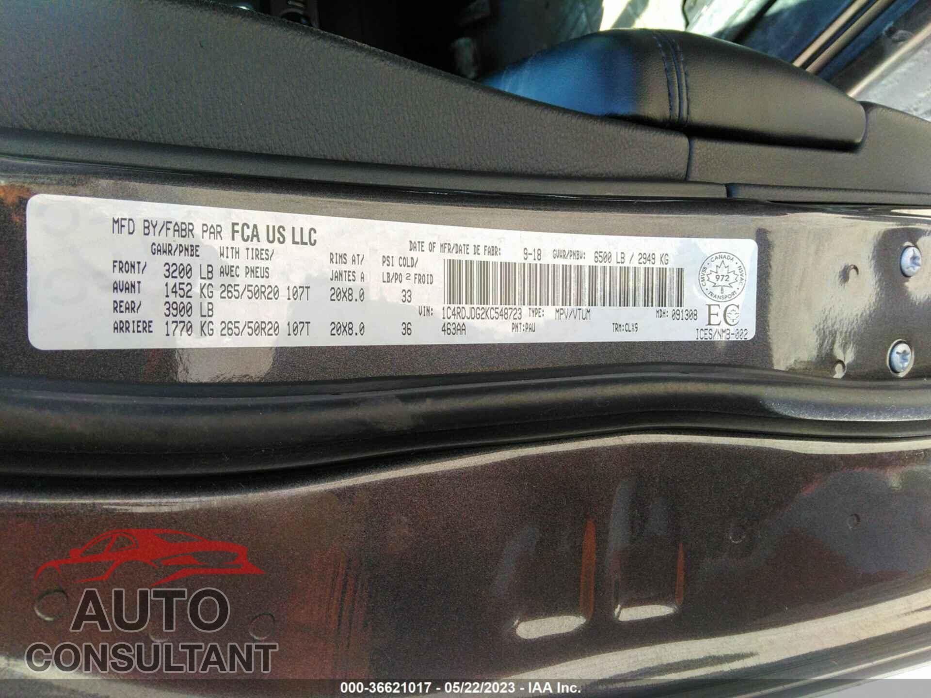 DODGE DURANGO 2019 - 1C4RDJDG2KC548723