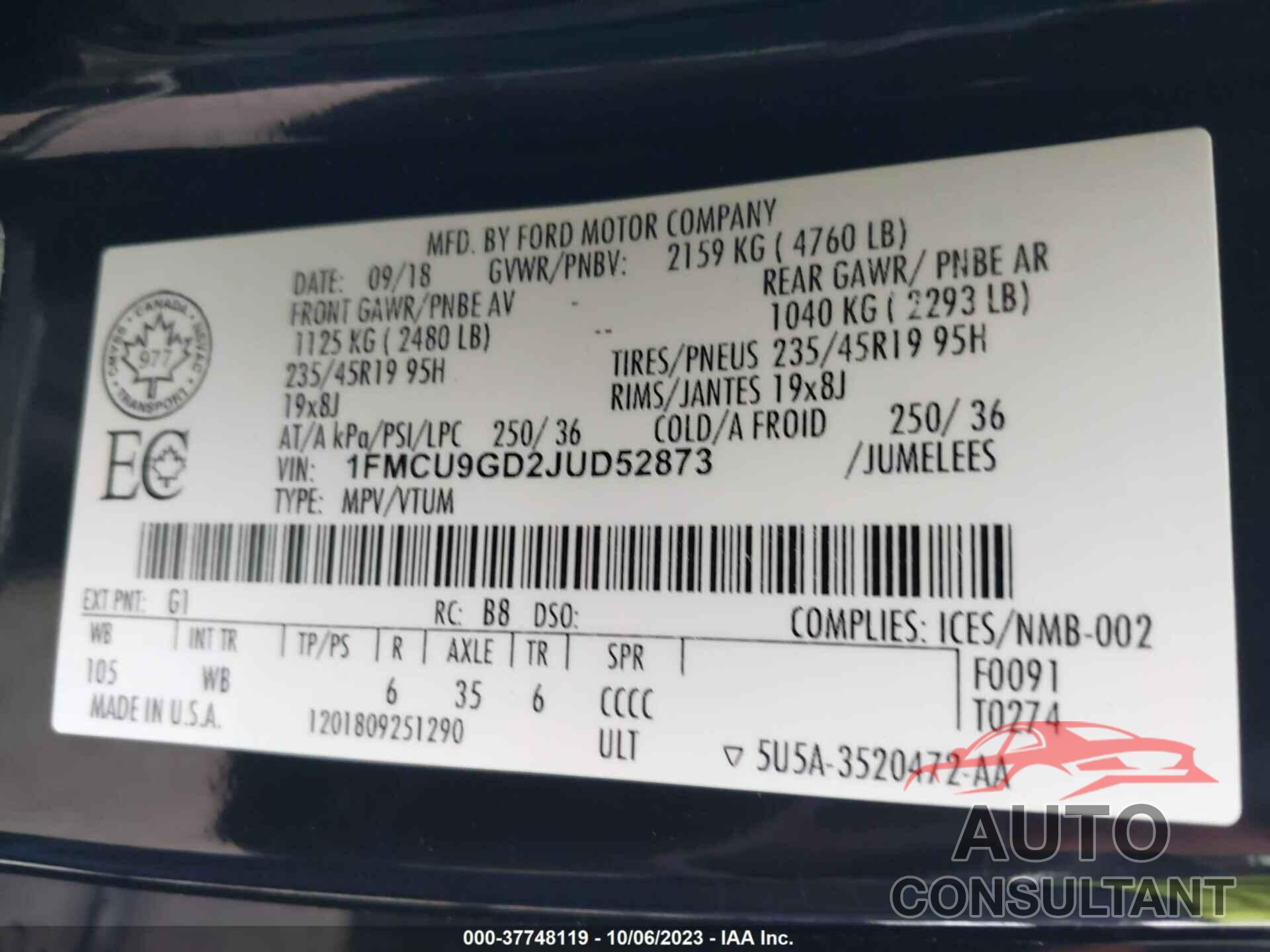 FORD ESCAPE 2018 - 1FMCU9GD2JUD52873