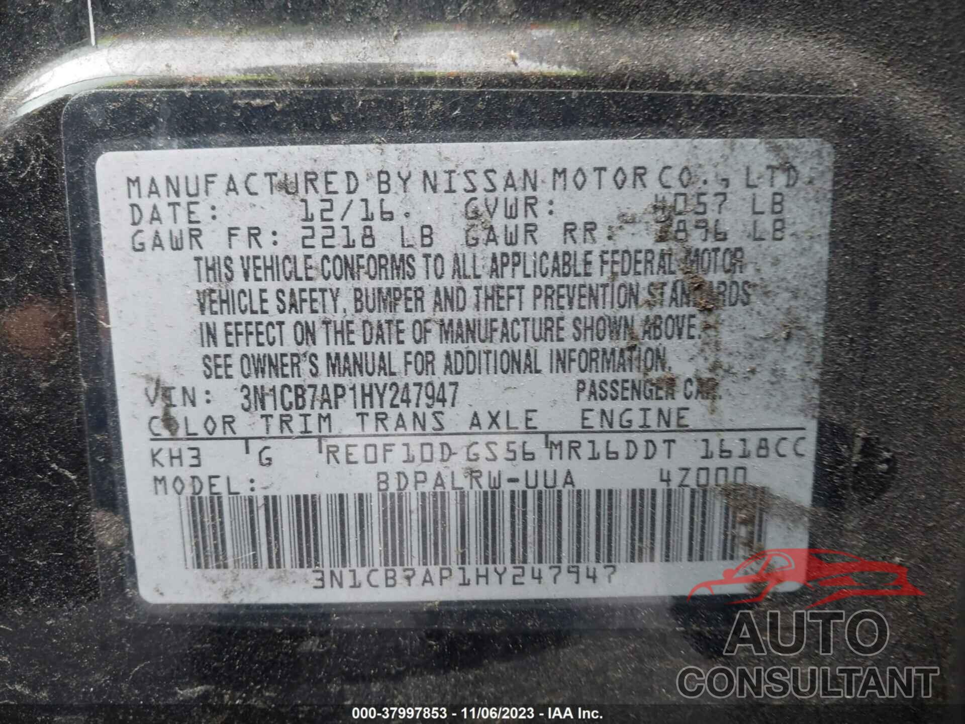 NISSAN SENTRA 2017 - 3N1CB7AP1HY247947