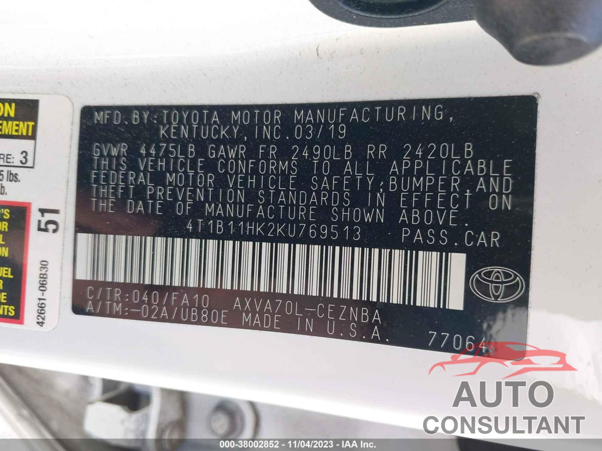 TOYOTA CAMRY 2019 - 4T1B11HK2KU769513