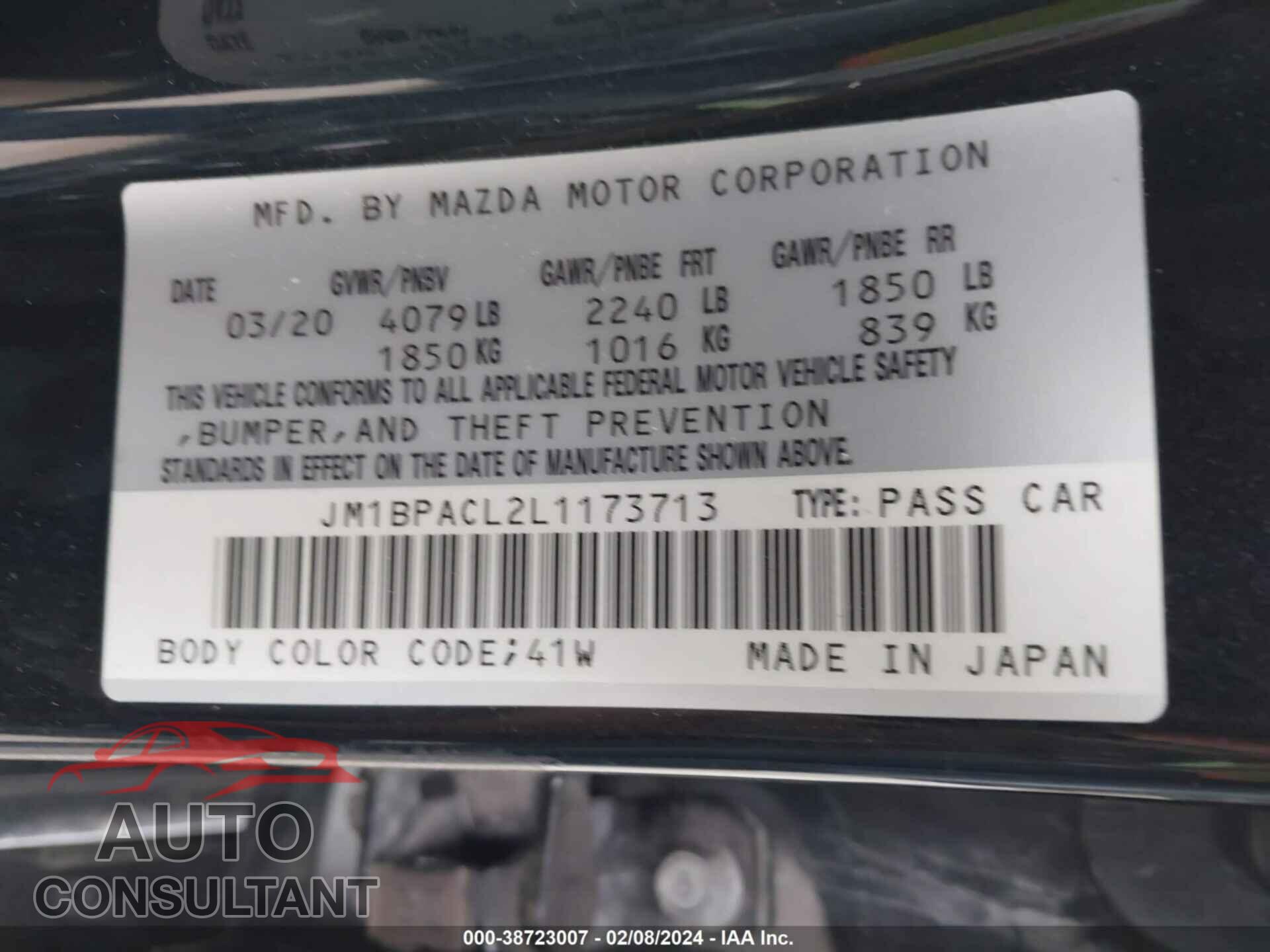 MAZDA MAZDA3 2020 - JM1BPACL2L1173713