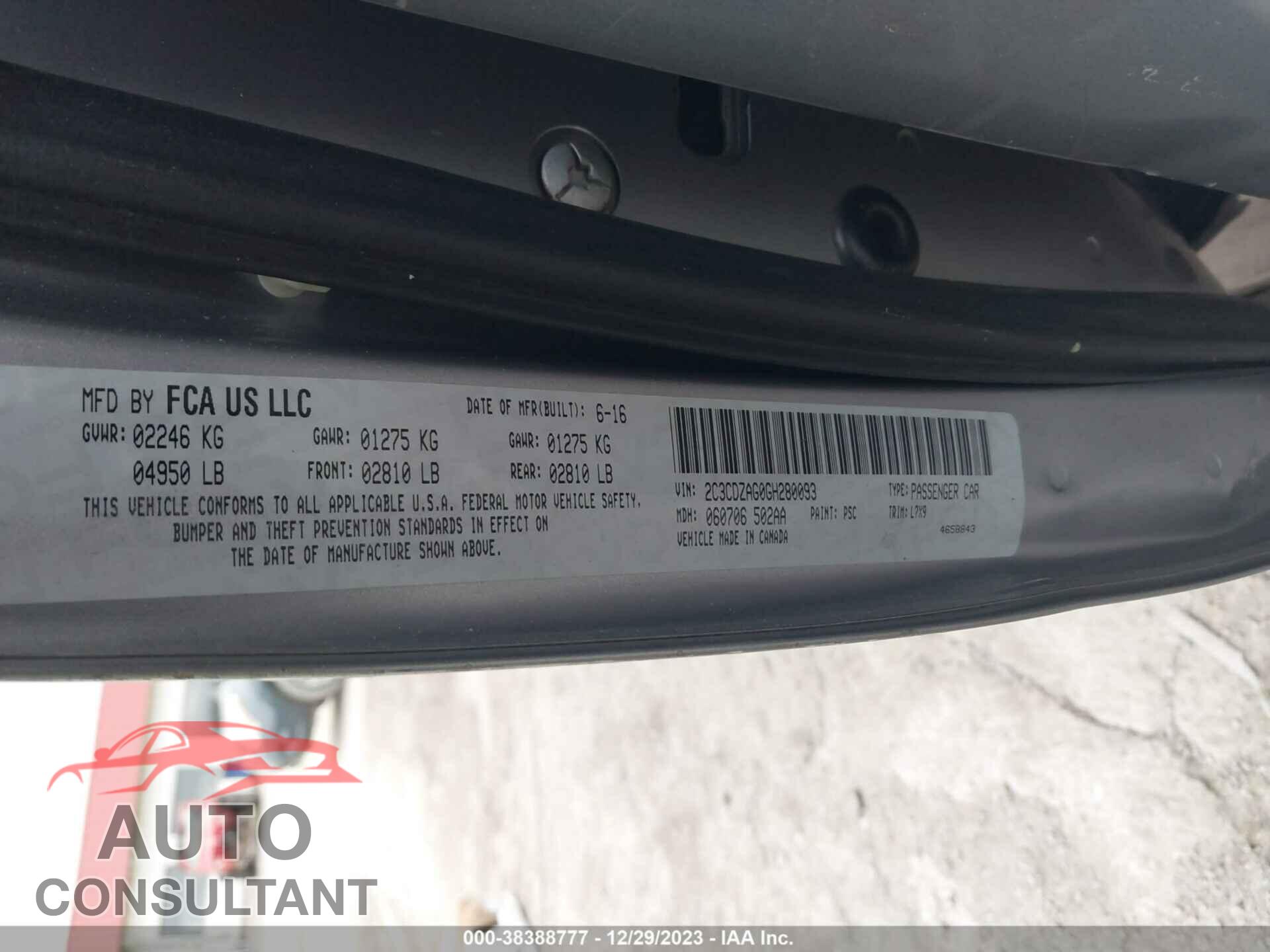 DODGE CHALLENGER 2016 - 2C3CDZAG0GH280093