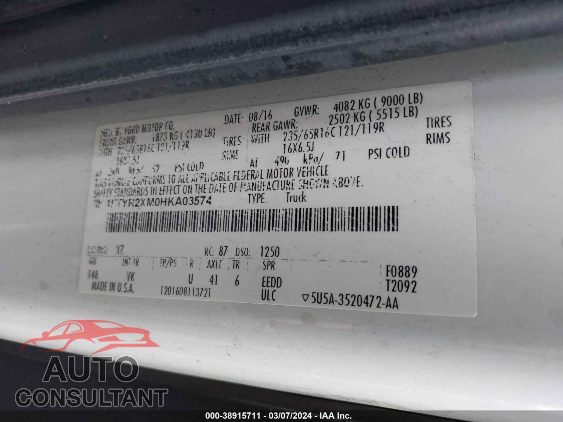 FORD TRANSIT 2017 - 1FTYR2XM0HKA03574